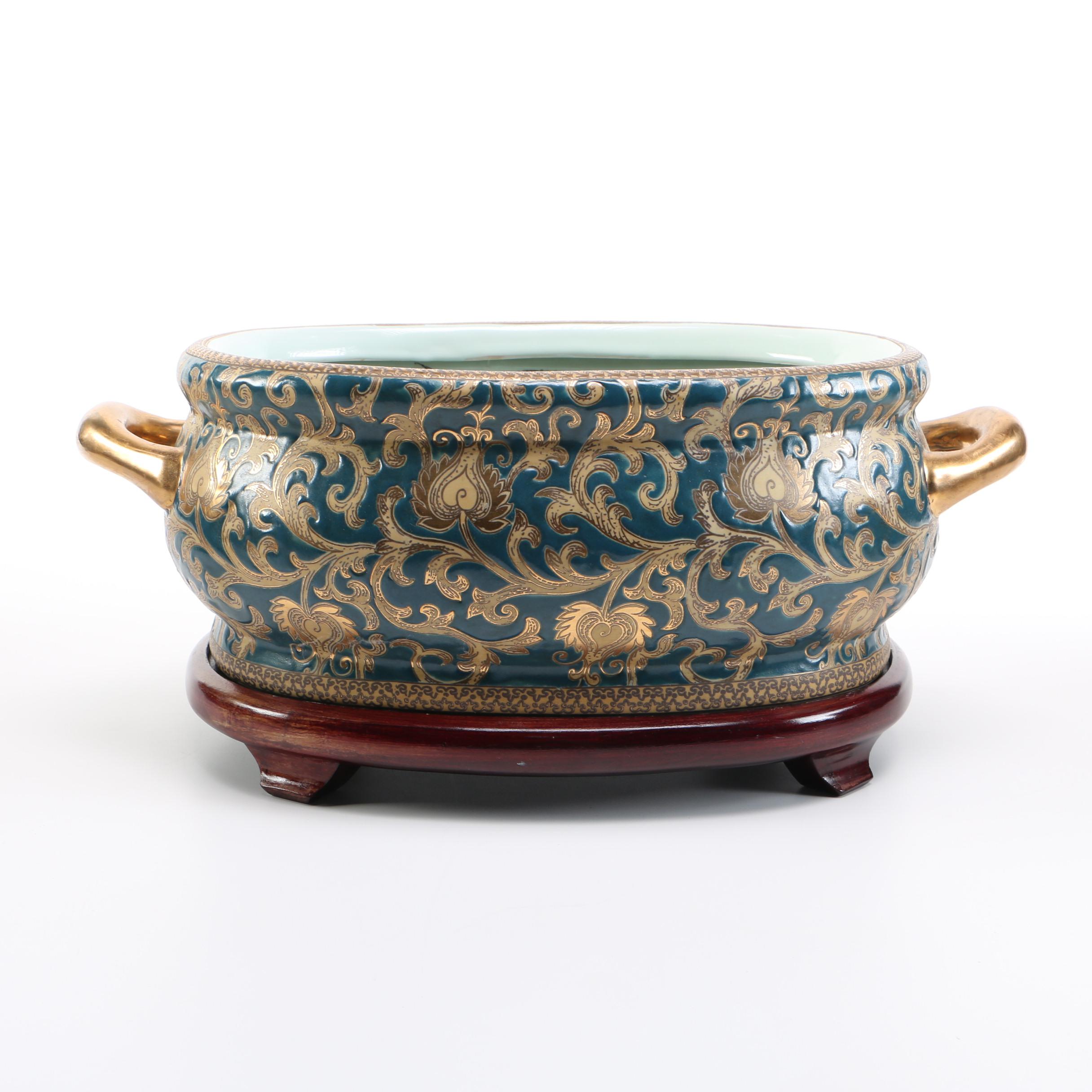 Decorative Chinese Ceramic Foot Bath and Wooden Stand