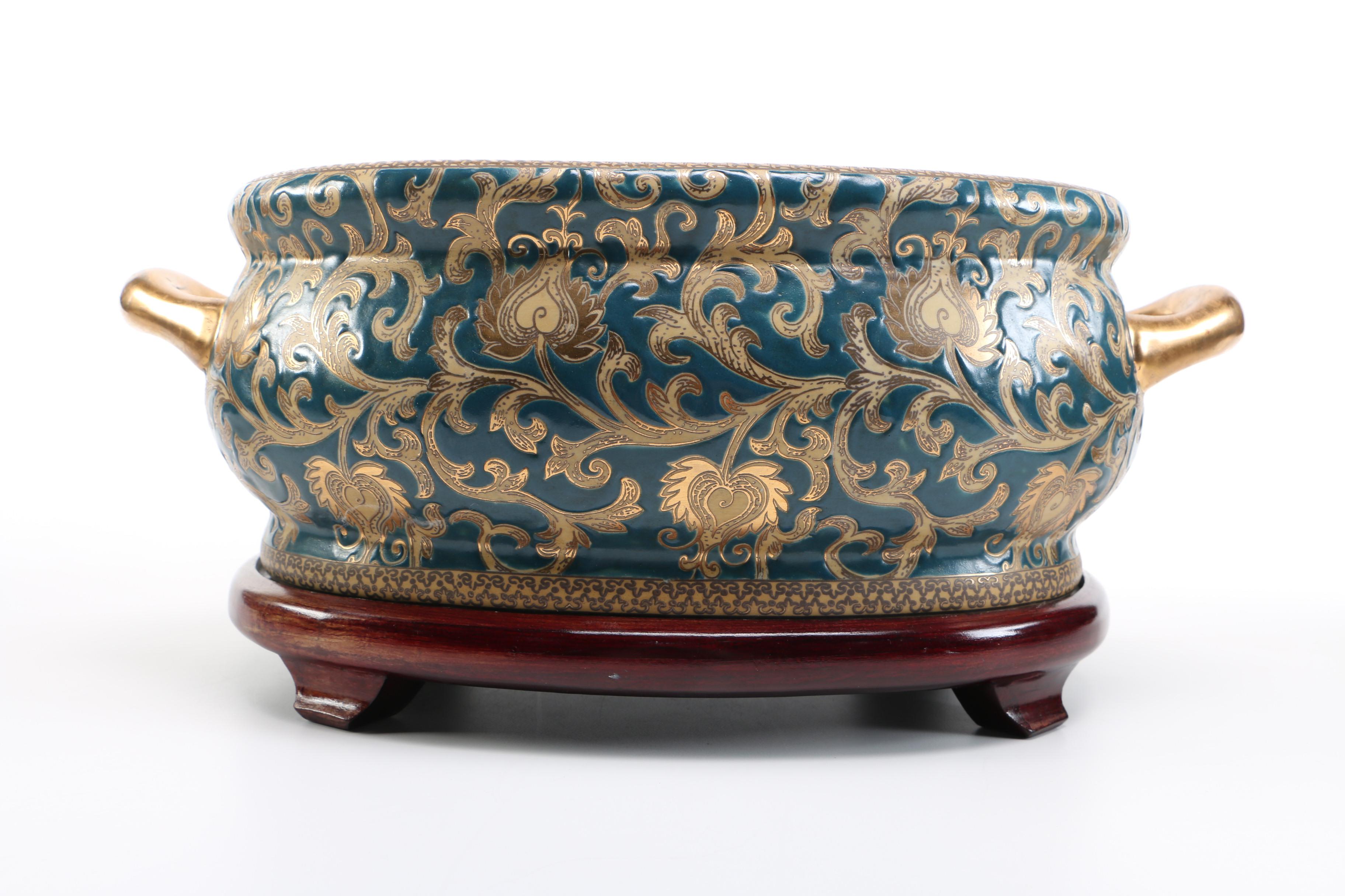 Decorative Chinese Ceramic Foot Bath and Wooden Stand
