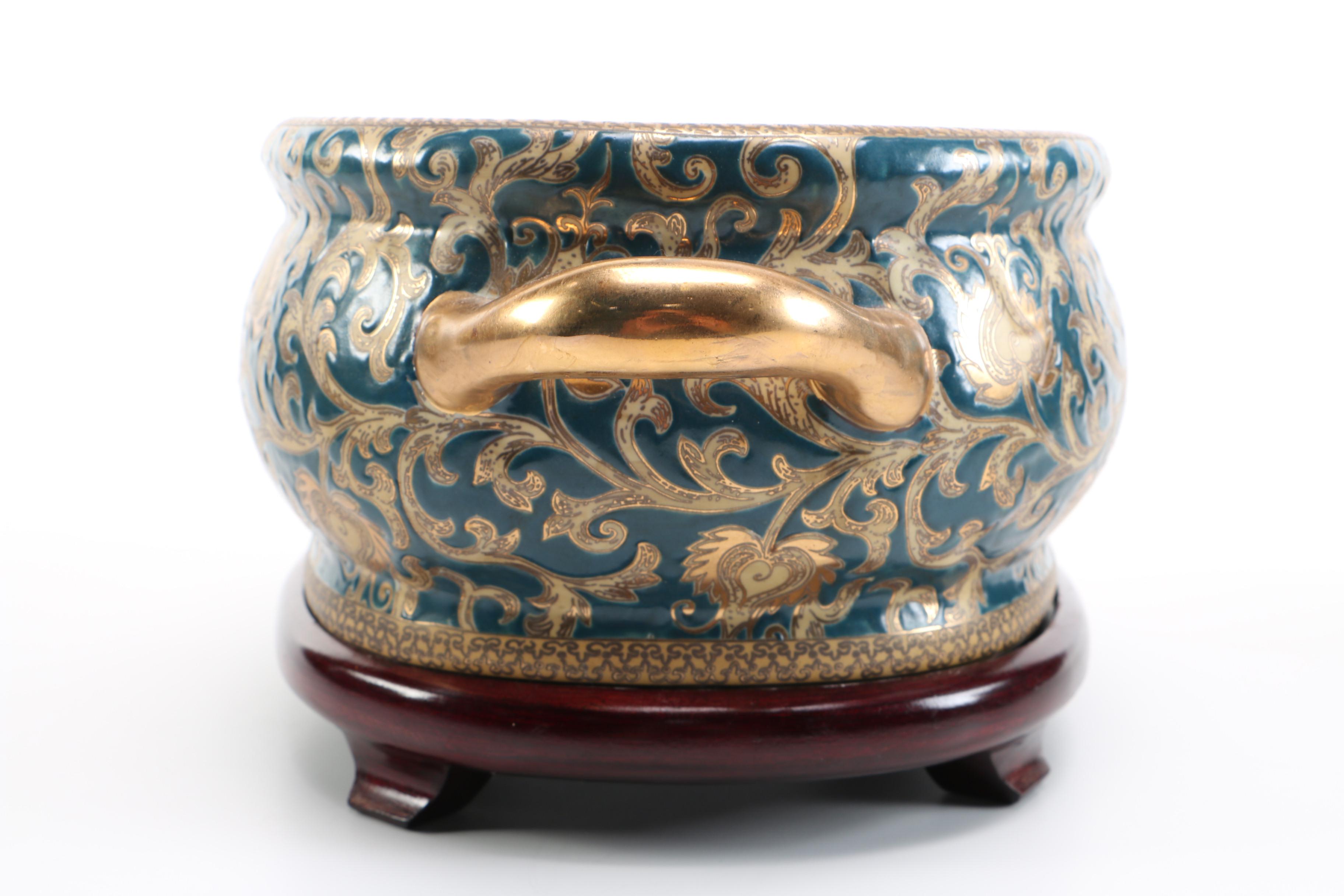 Decorative Chinese Ceramic Foot Bath and Wooden Stand