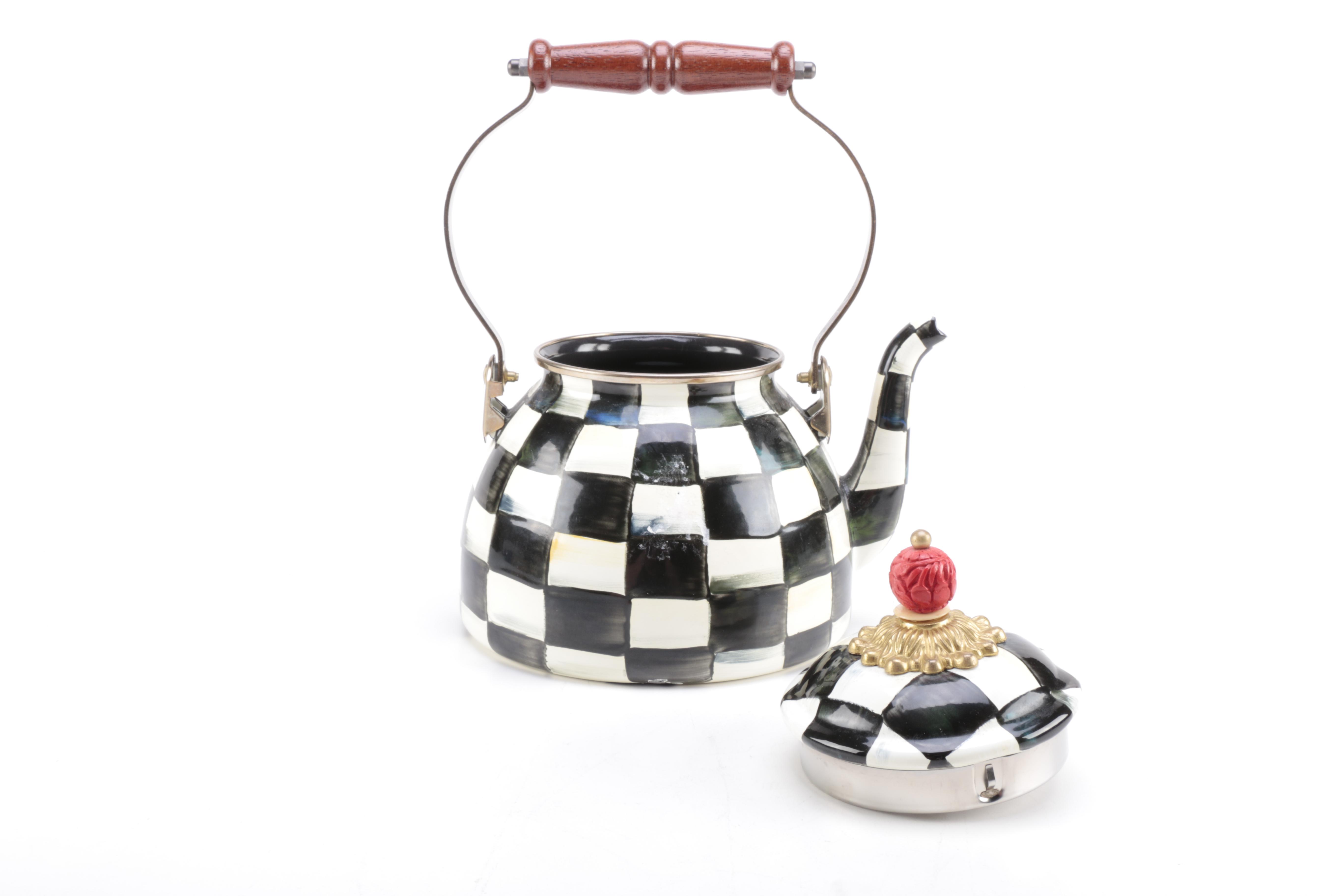 MacKenzie-Childs Black and White Checkered Ceramic Teapot