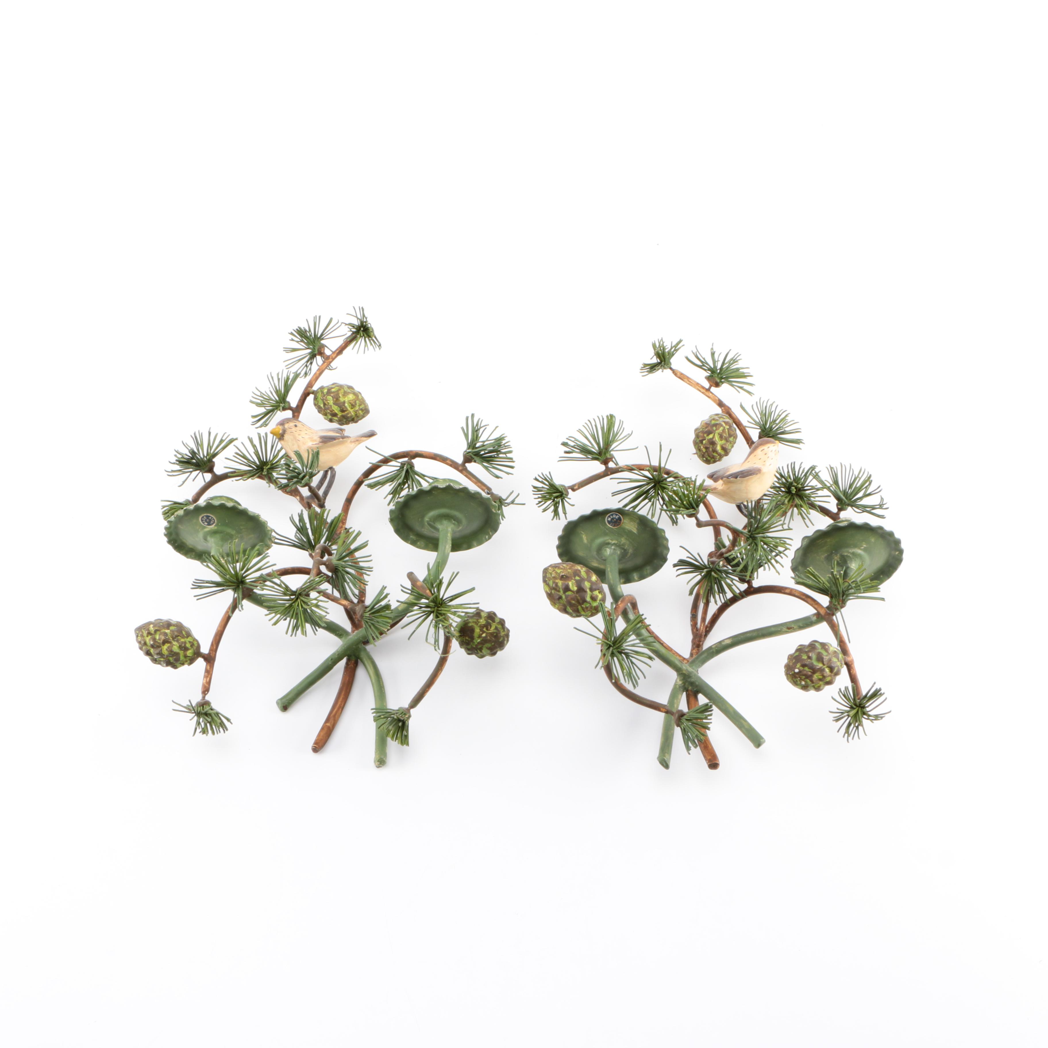 Painted Tole Fir Tree-Style Candle Sconces