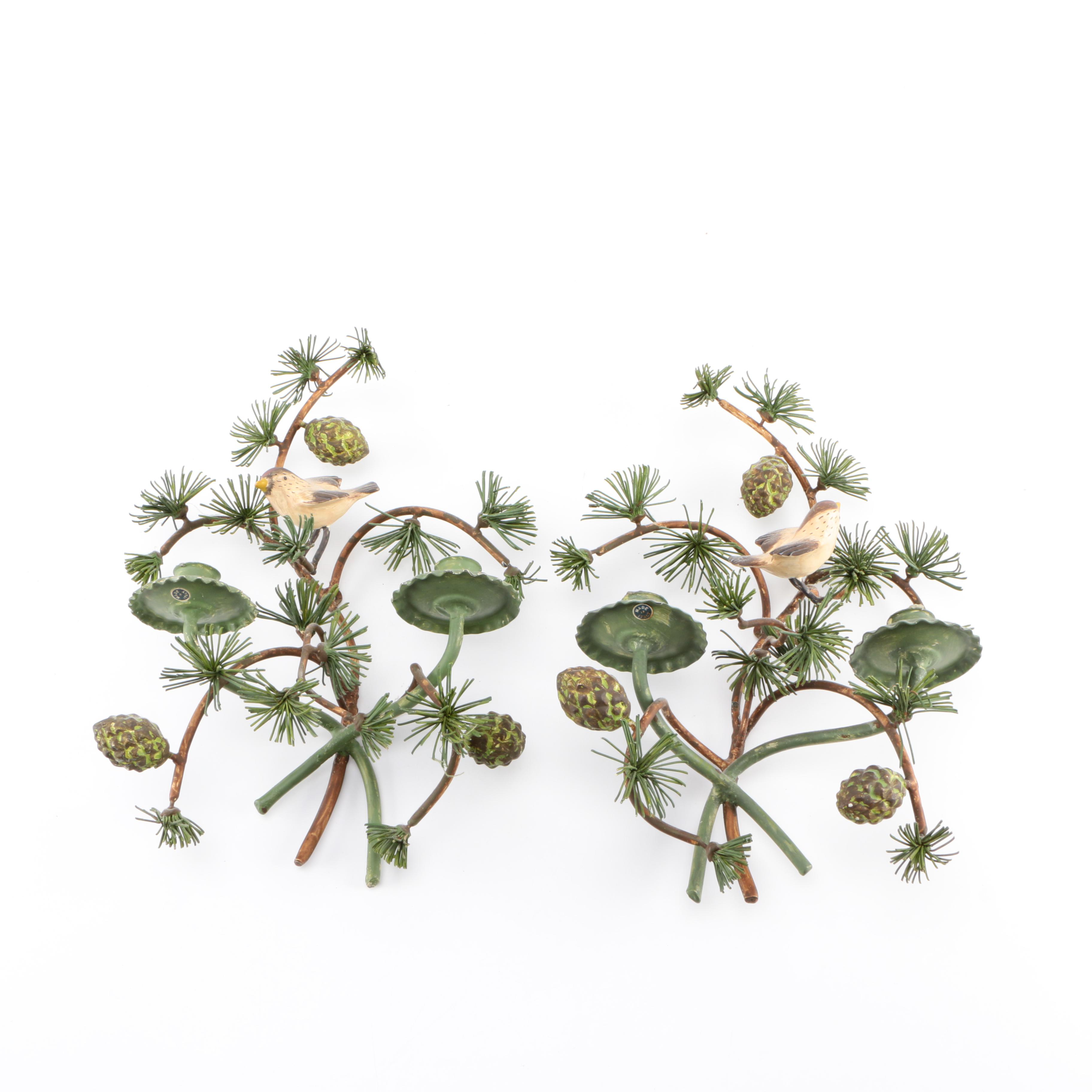 Painted Tole Fir Tree-Style Candle Sconces