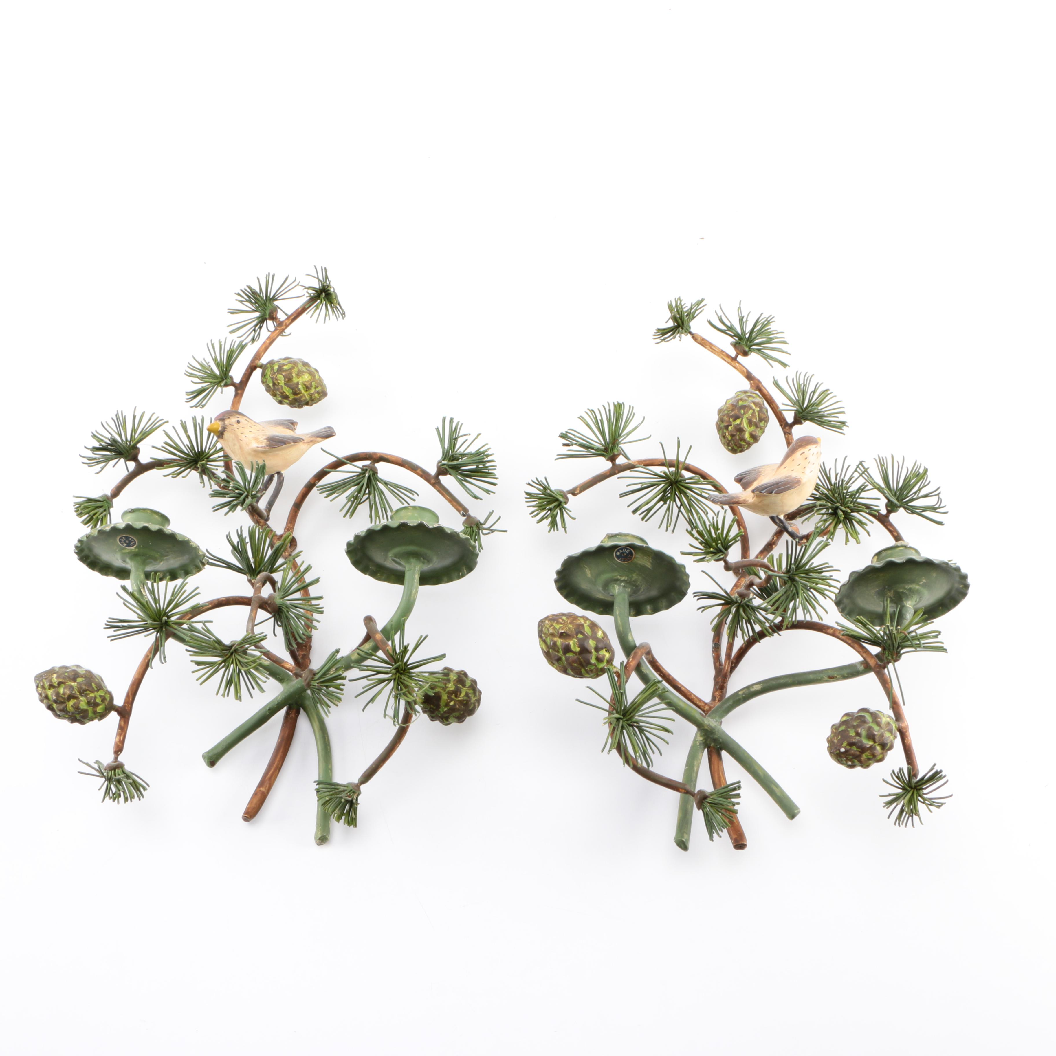 Painted Tole Fir Tree-Style Candle Sconces