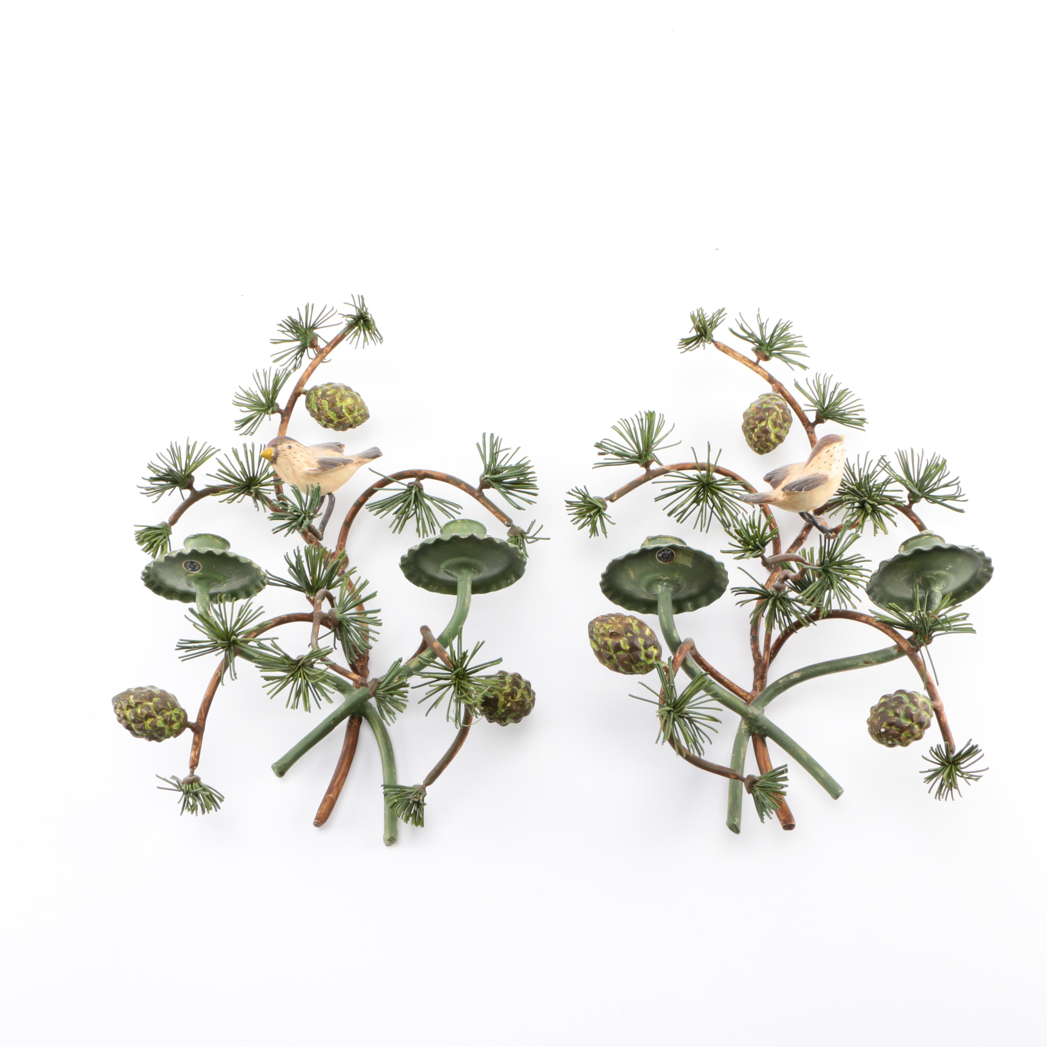 Painted Tole Fir Tree-Style Candle Sconces