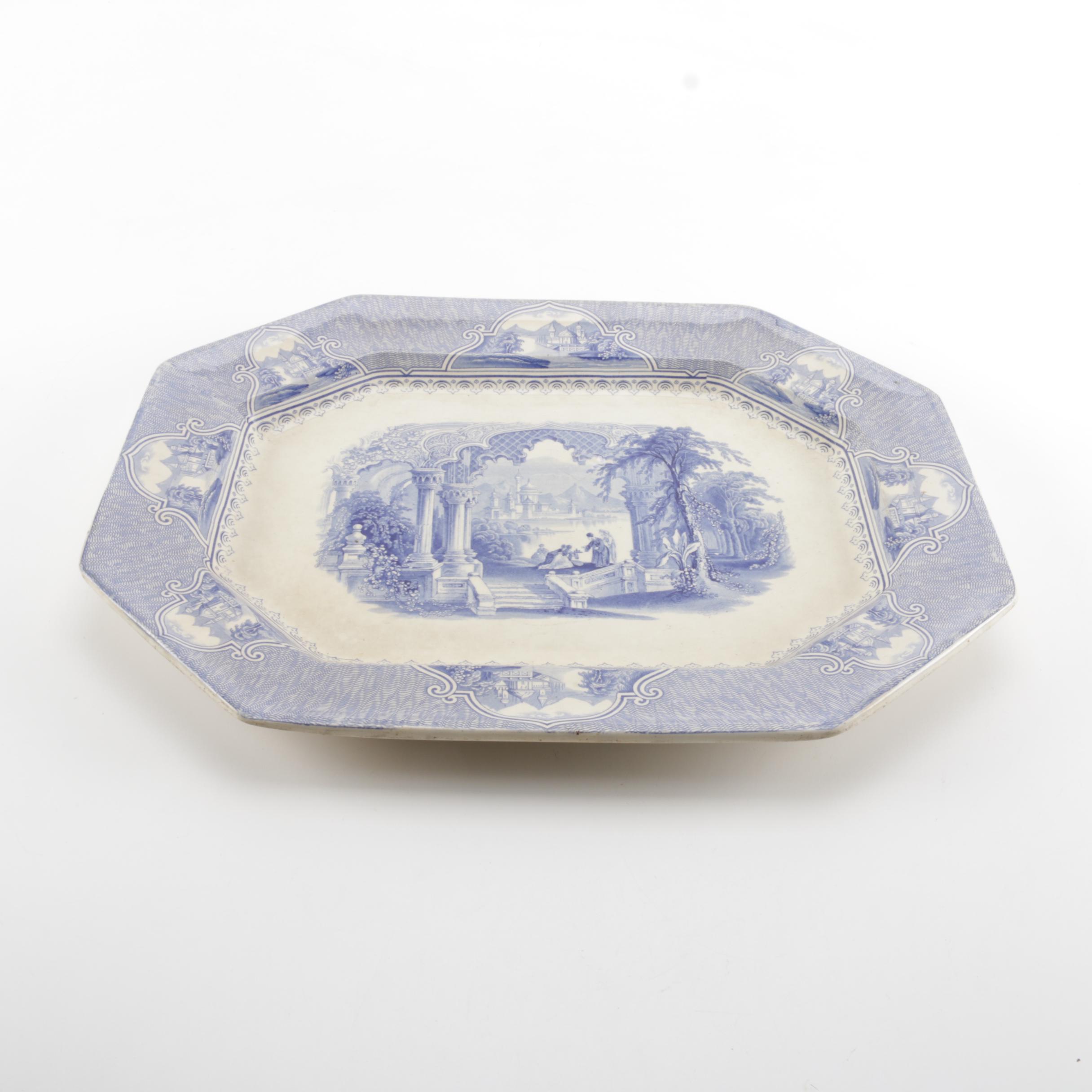 Antique Romantic Transfer Printed Ironstone Platter Circa 1845-60