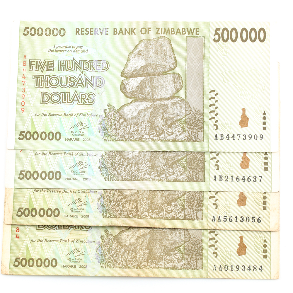 Group of (4) 2008 $500000 Reserve Bank of Zimbabwe Banknotes