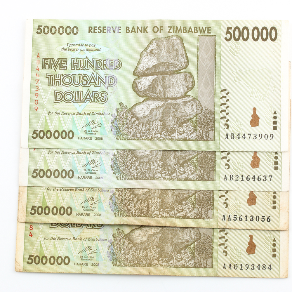 Group of (4) 2008 $500000 Reserve Bank of Zimbabwe Banknotes