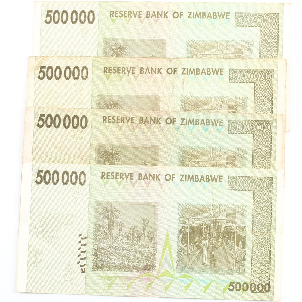 Group of (4) 2008 $500000 Reserve Bank of Zimbabwe Banknotes
