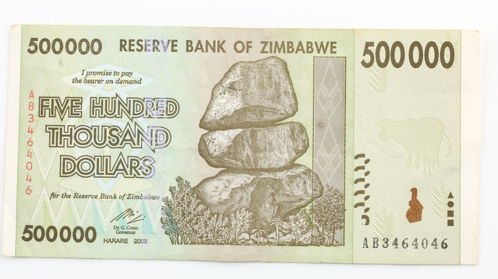 Group of (4) 2008 $500000 Reserve Bank of Zimbabwe Banknotes