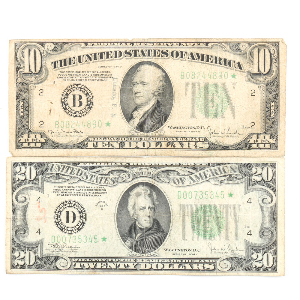 Series 1934-D $10 and 1934-C $20 Federal Reserve Star Notes
