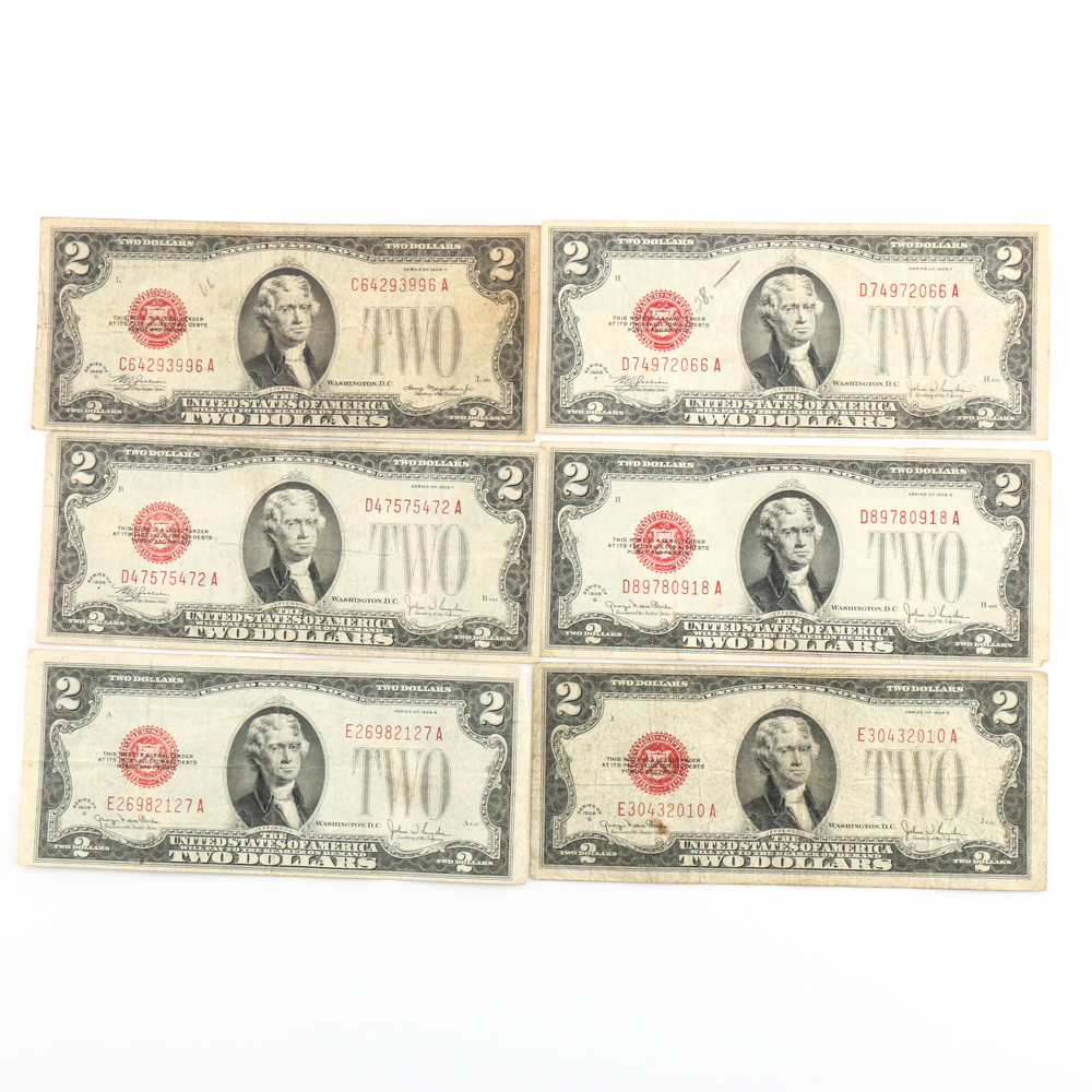 Group of (6) Series 1928-D,F, and G Red Seal $2 Legal Tender Notes