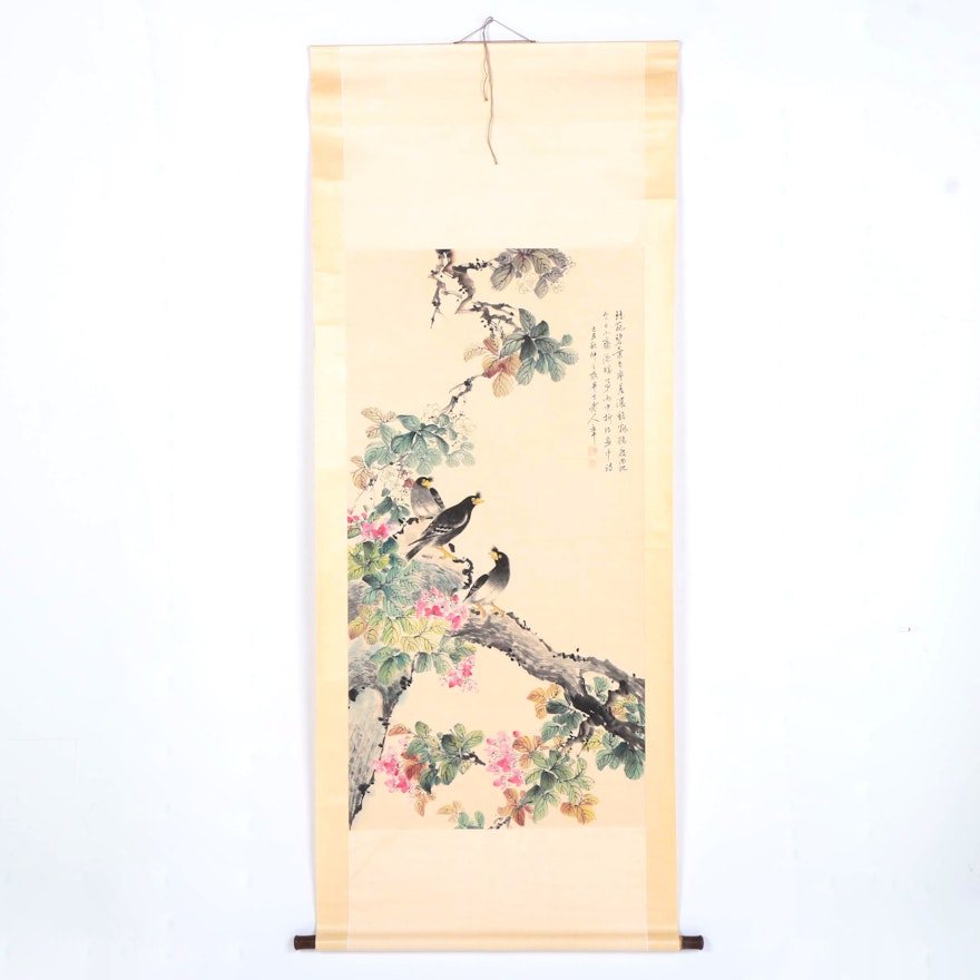 East Asian Ink and Watercolor Scroll of Birds on a Branch