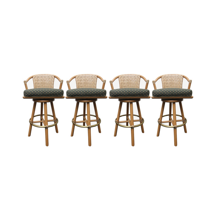 Set of Four McGuire Rawhide and Upholstered Bar Stools
