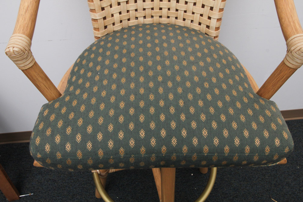 Set of Four McGuire Rawhide and Upholstered Bar Stools