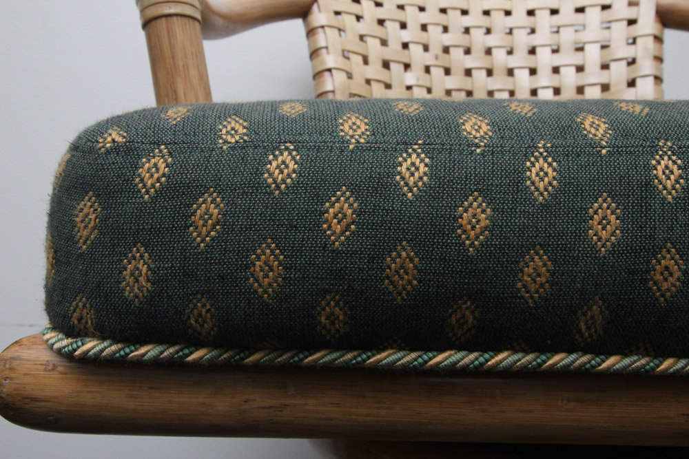 Set of Four McGuire Rawhide and Upholstered Bar Stools