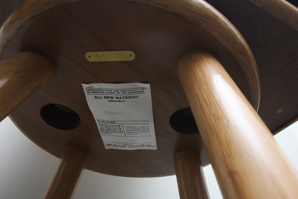 Set of Four McGuire Rawhide and Upholstered Bar Stools