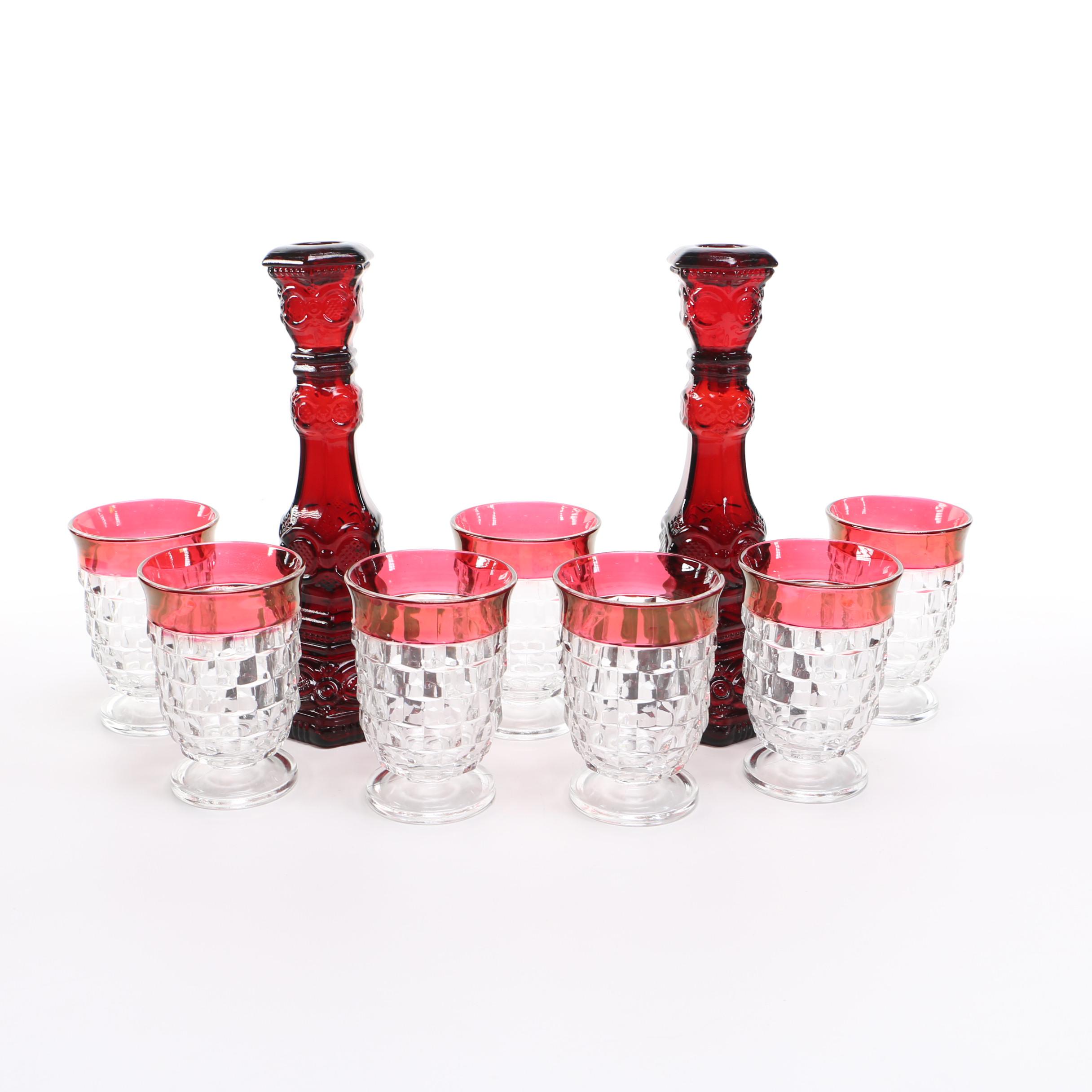 Ruby Flash Brandy Tumblers with Pressed Red Glass Candlesticks