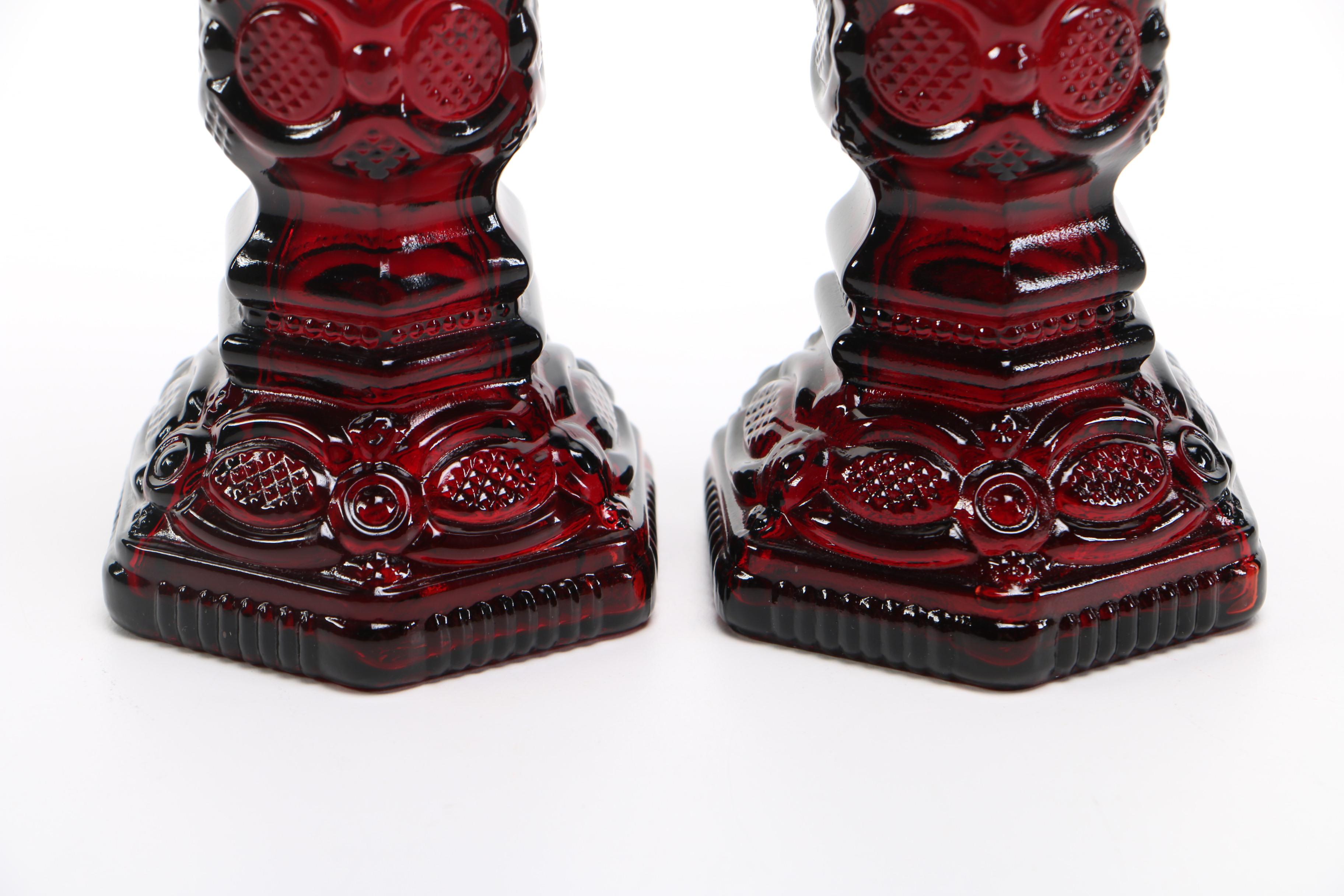 Ruby Flash Brandy Tumblers with Pressed Red Glass Candlesticks