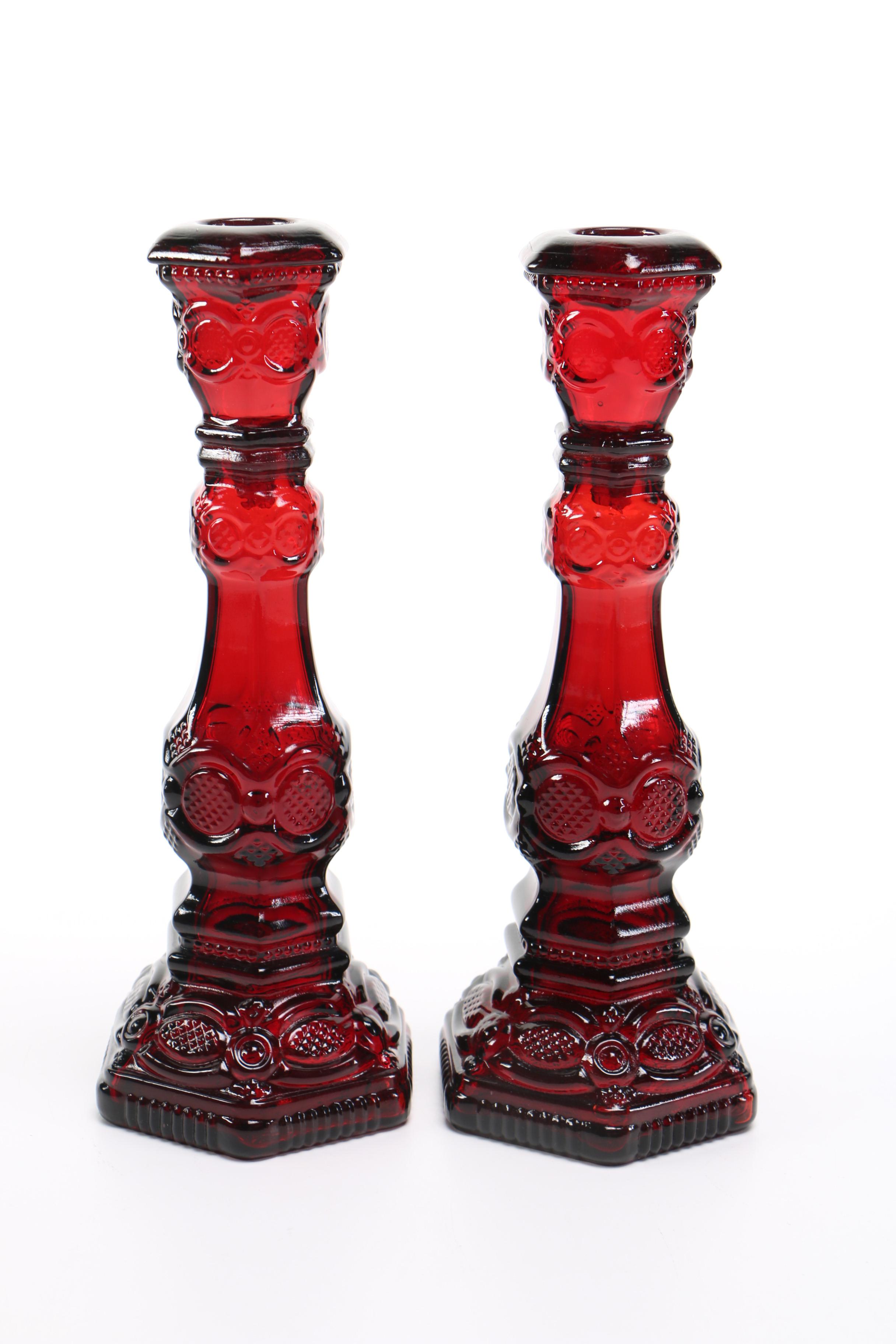 Ruby Flash Brandy Tumblers with Pressed Red Glass Candlesticks