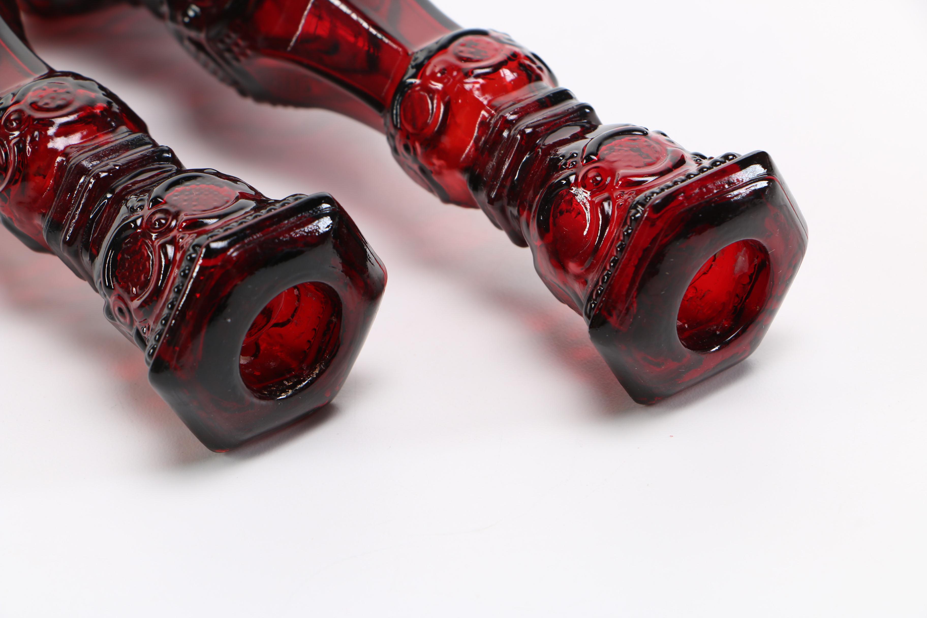 Ruby Flash Brandy Tumblers with Pressed Red Glass Candlesticks