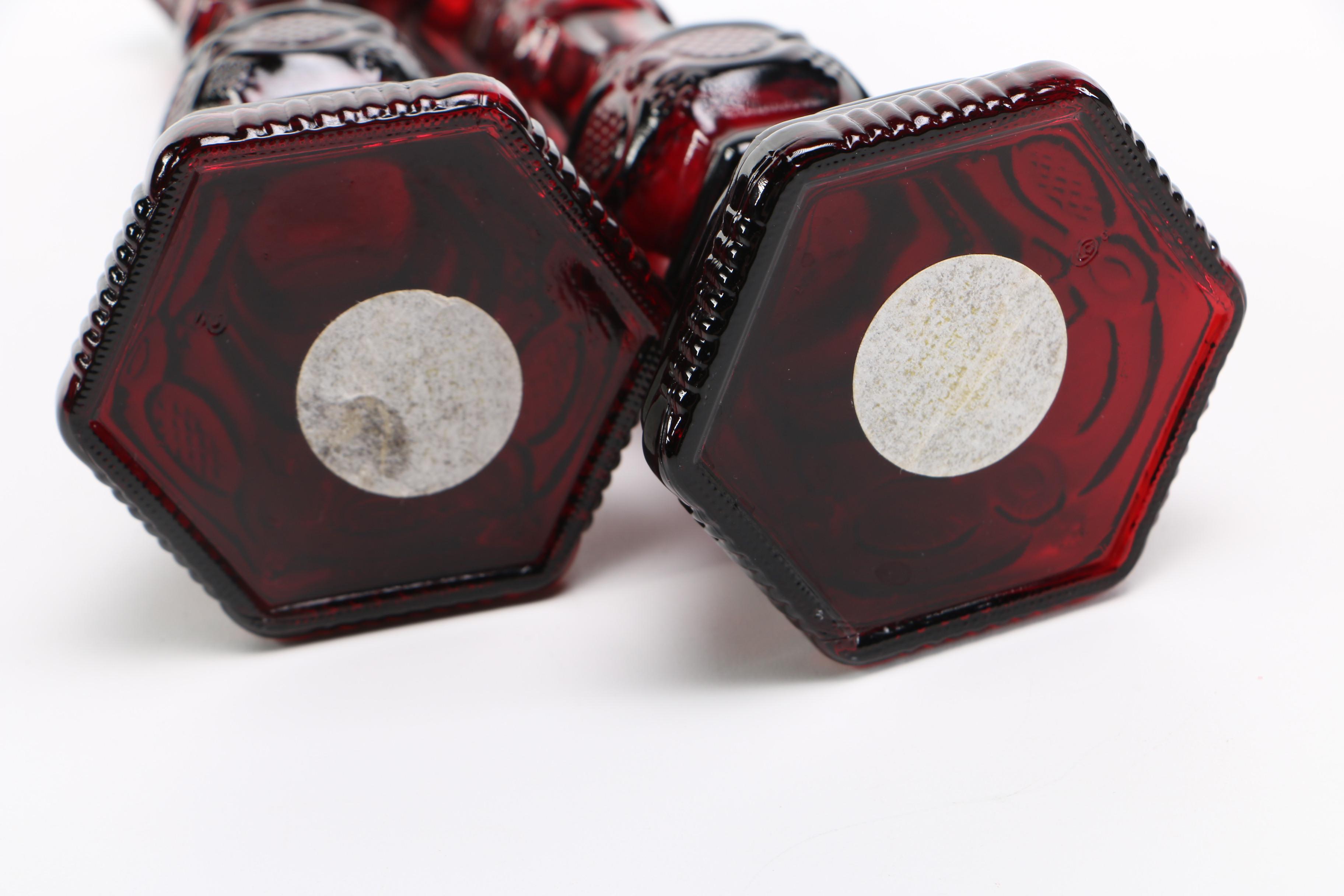 Ruby Flash Brandy Tumblers with Pressed Red Glass Candlesticks