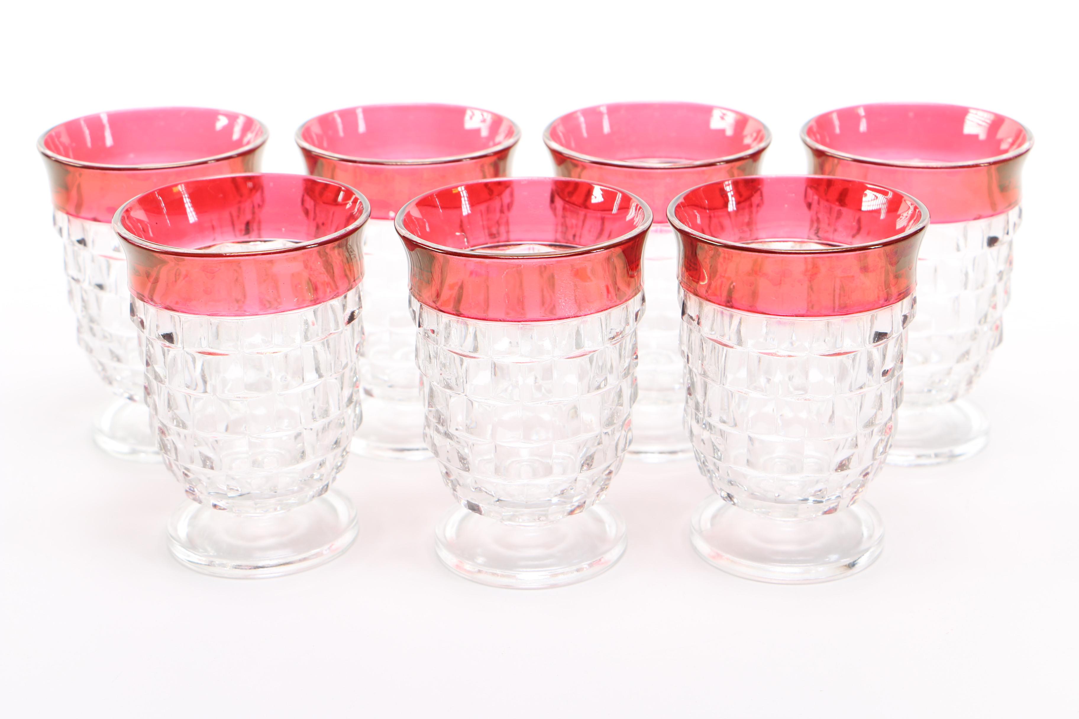 Ruby Flash Brandy Tumblers with Pressed Red Glass Candlesticks