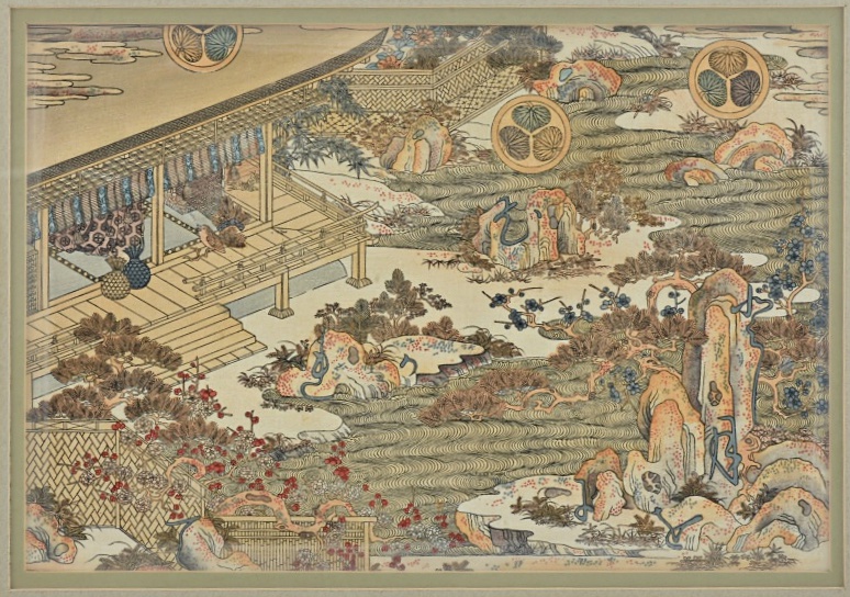 Edo Period Japanese Woodblock on Paper of a Garden