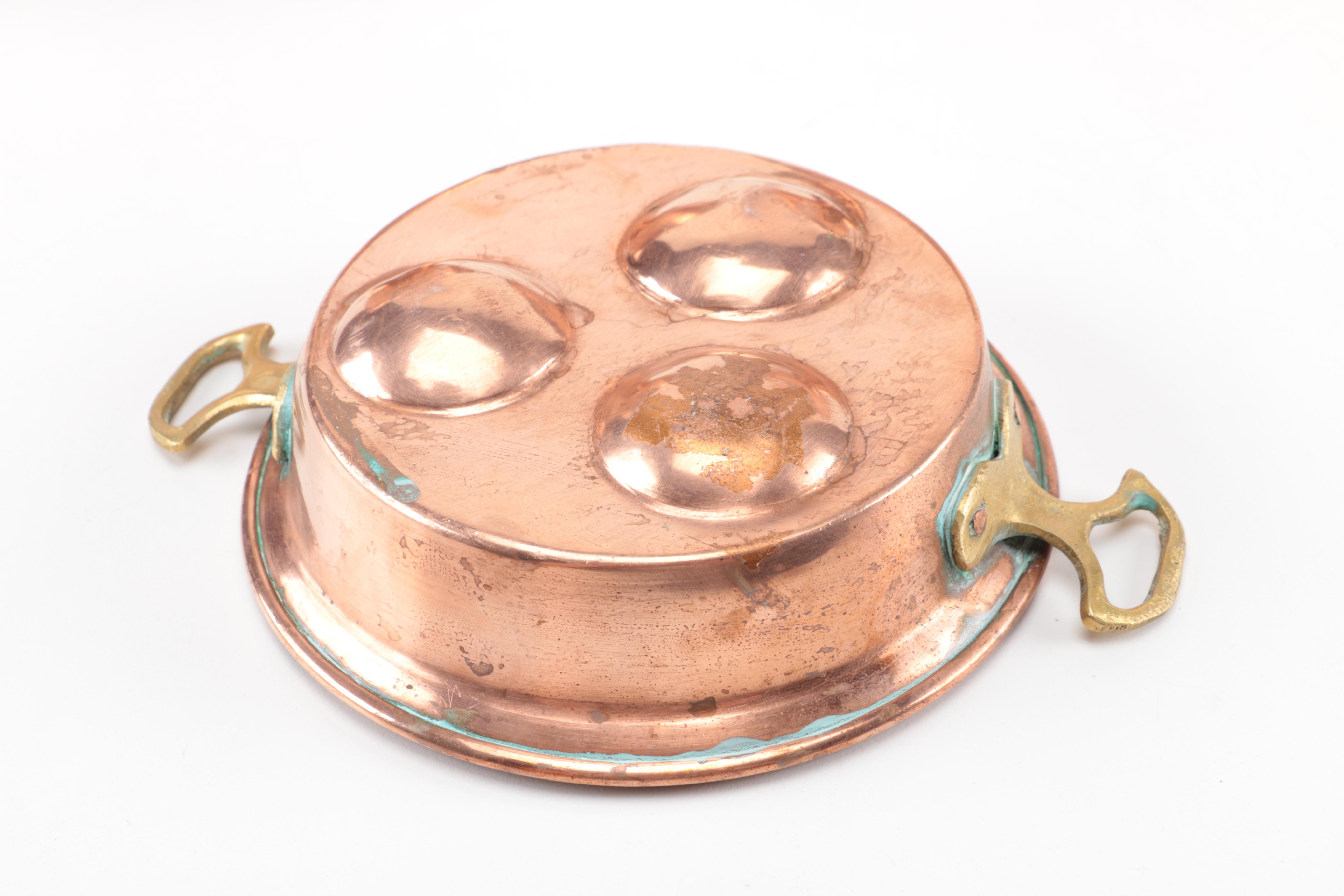 Pair of Copper Colanders and a Copper Egg Pan