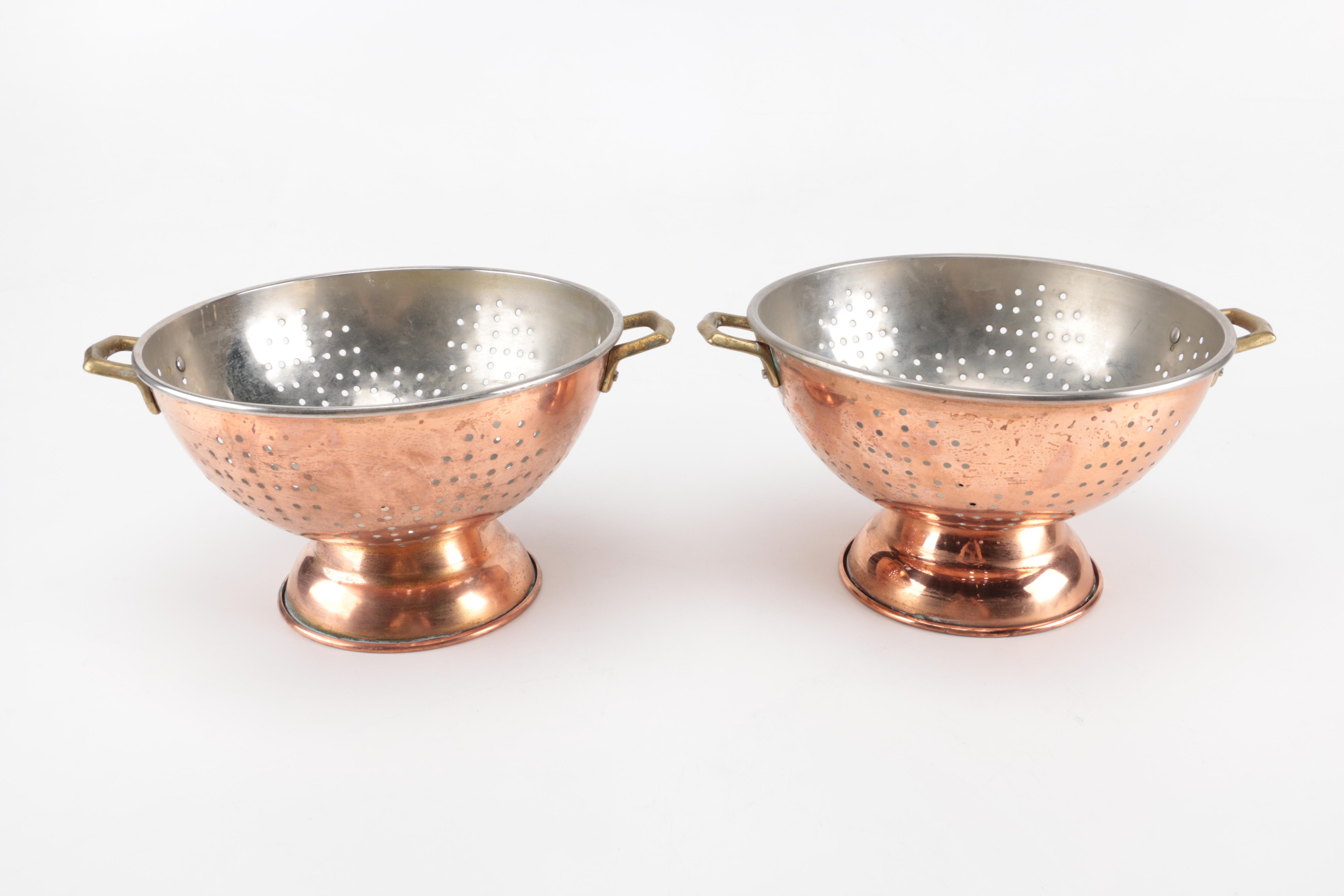 Pair of Copper Colanders and a Copper Egg Pan