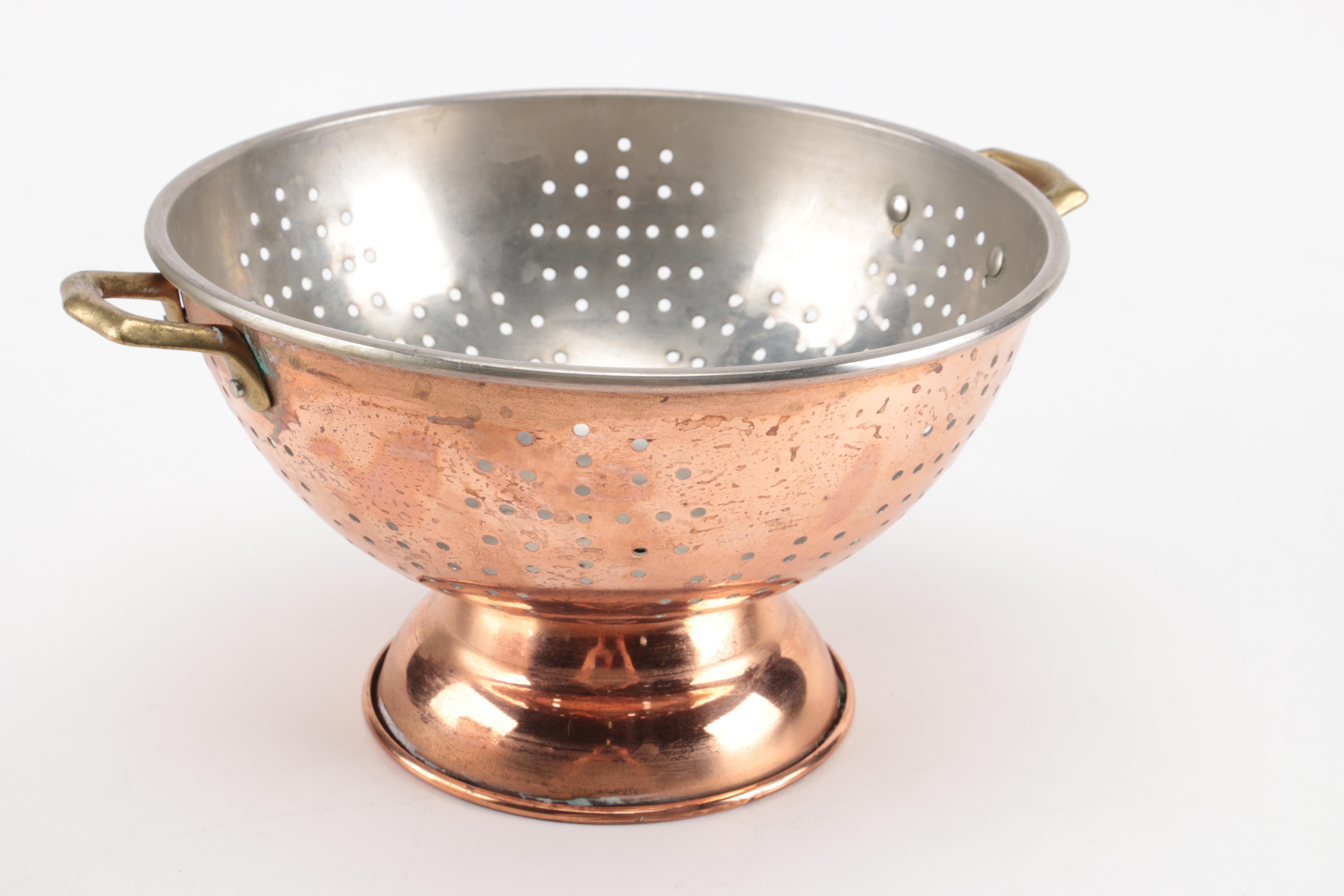 Pair of Copper Colanders and a Copper Egg Pan