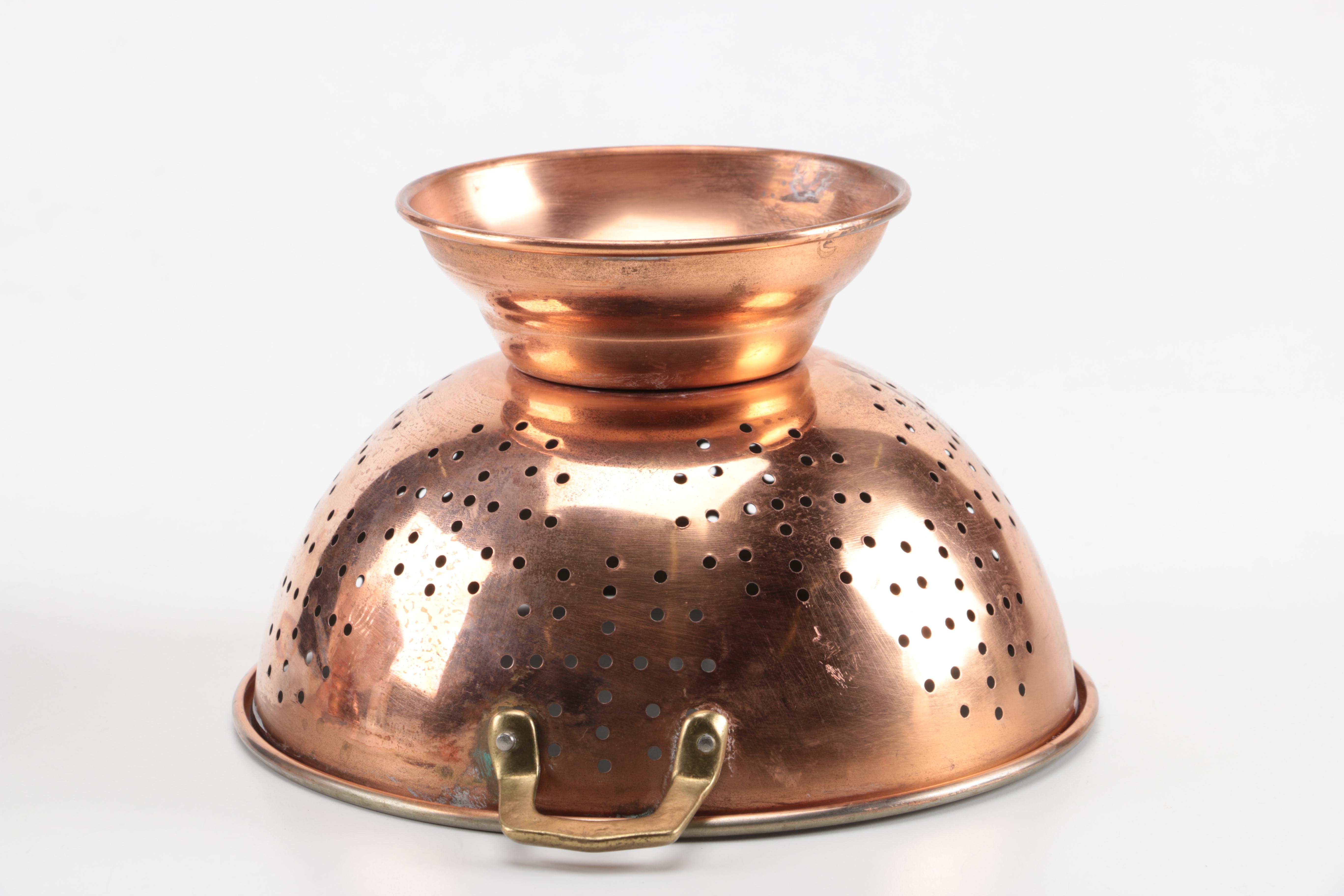 Pair of Copper Colanders and a Copper Egg Pan
