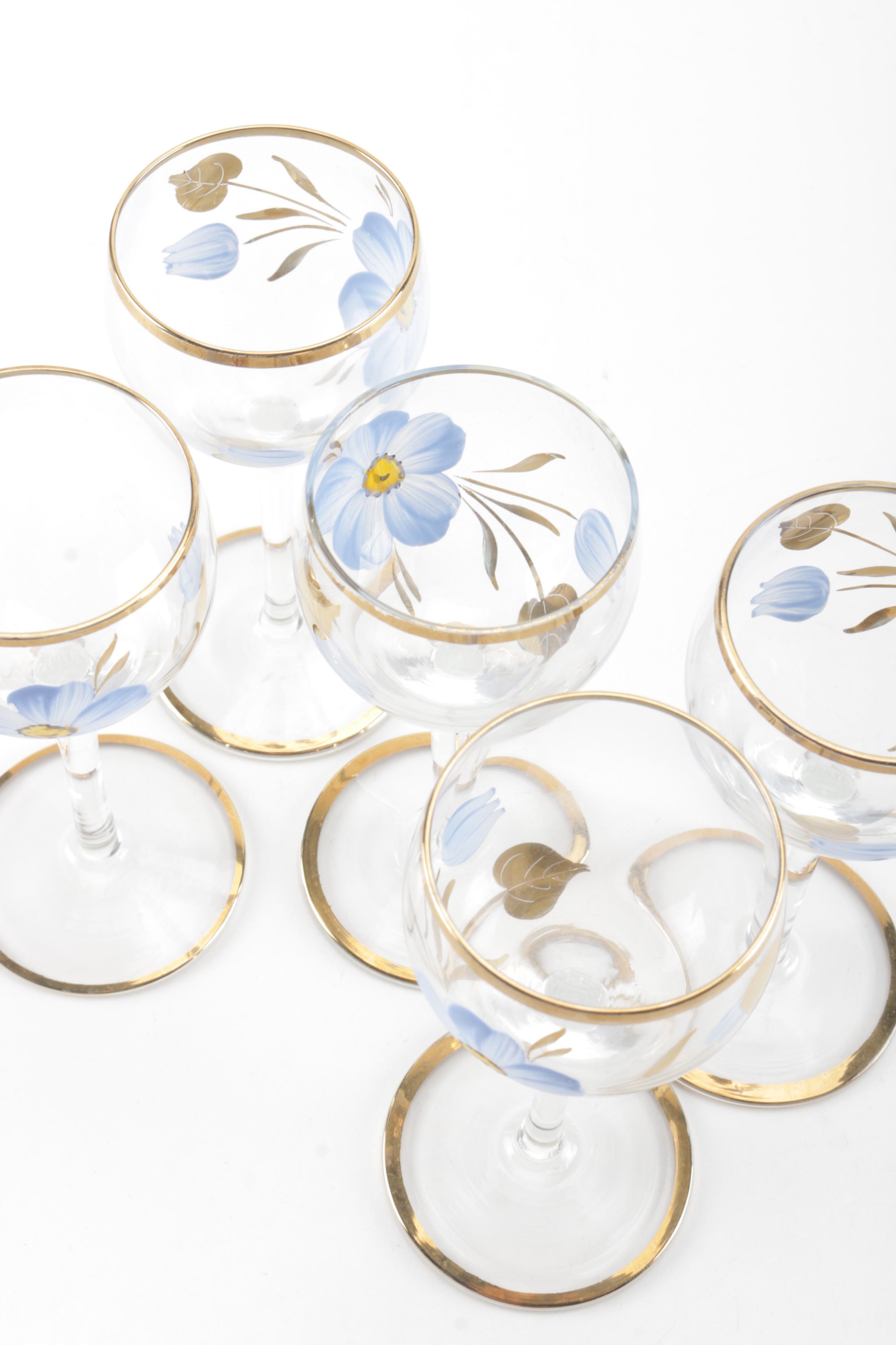 Hand-painted Floral Wine Glasses and Pitcher