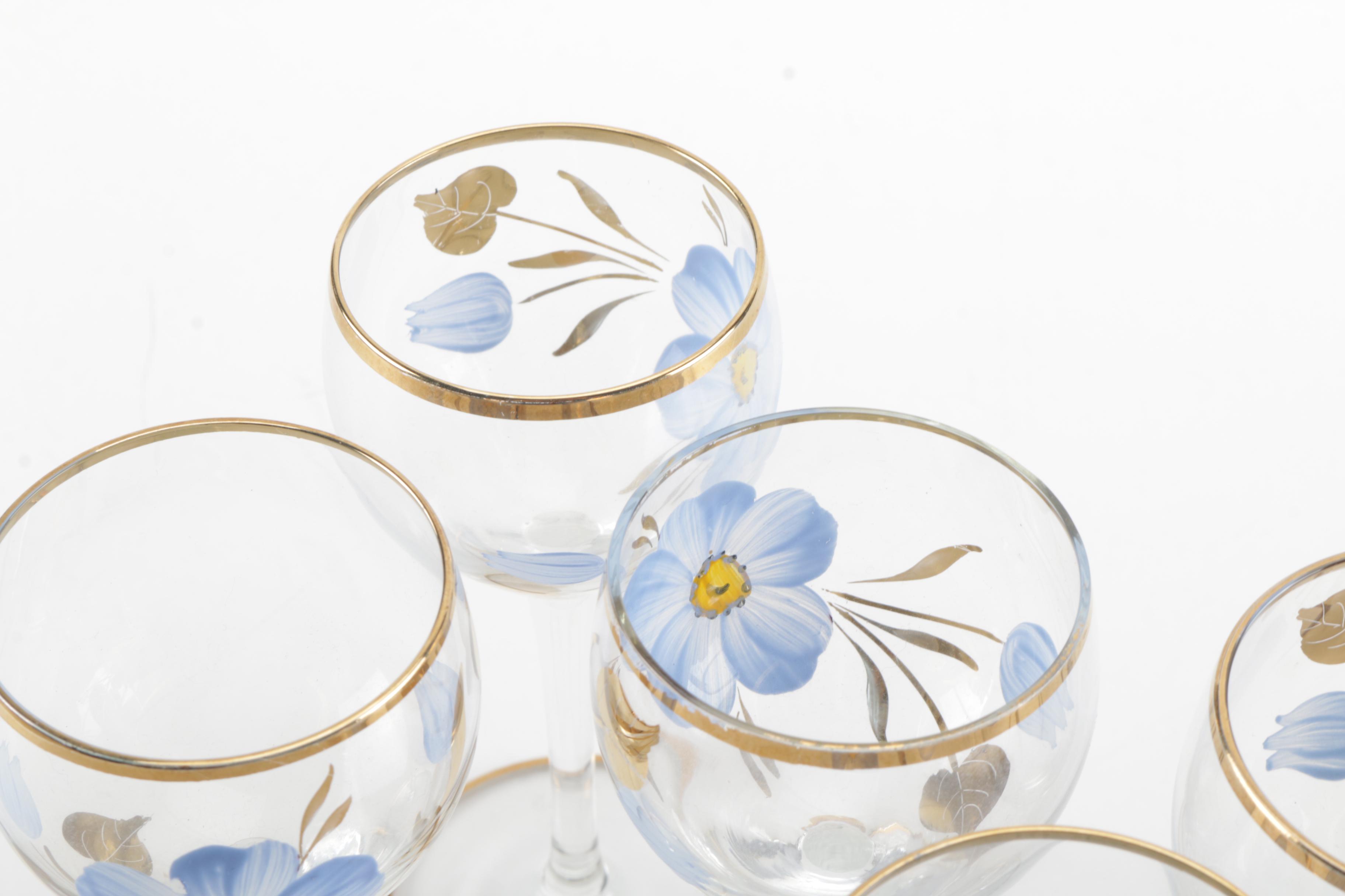 Hand-painted Floral Wine Glasses and Pitcher