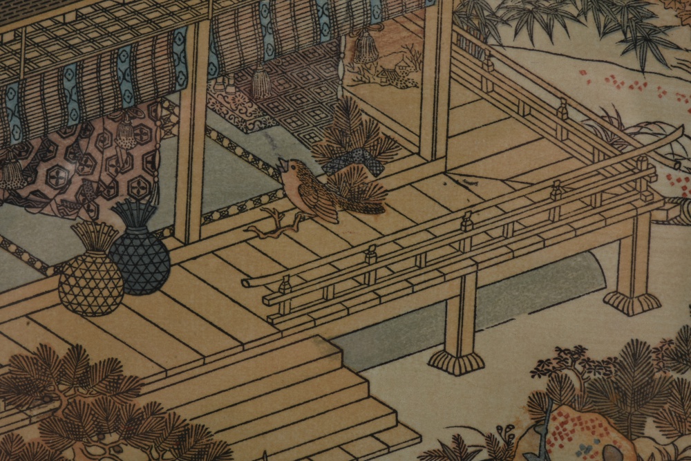 Edo Period Japanese Woodblock on Paper of a Garden