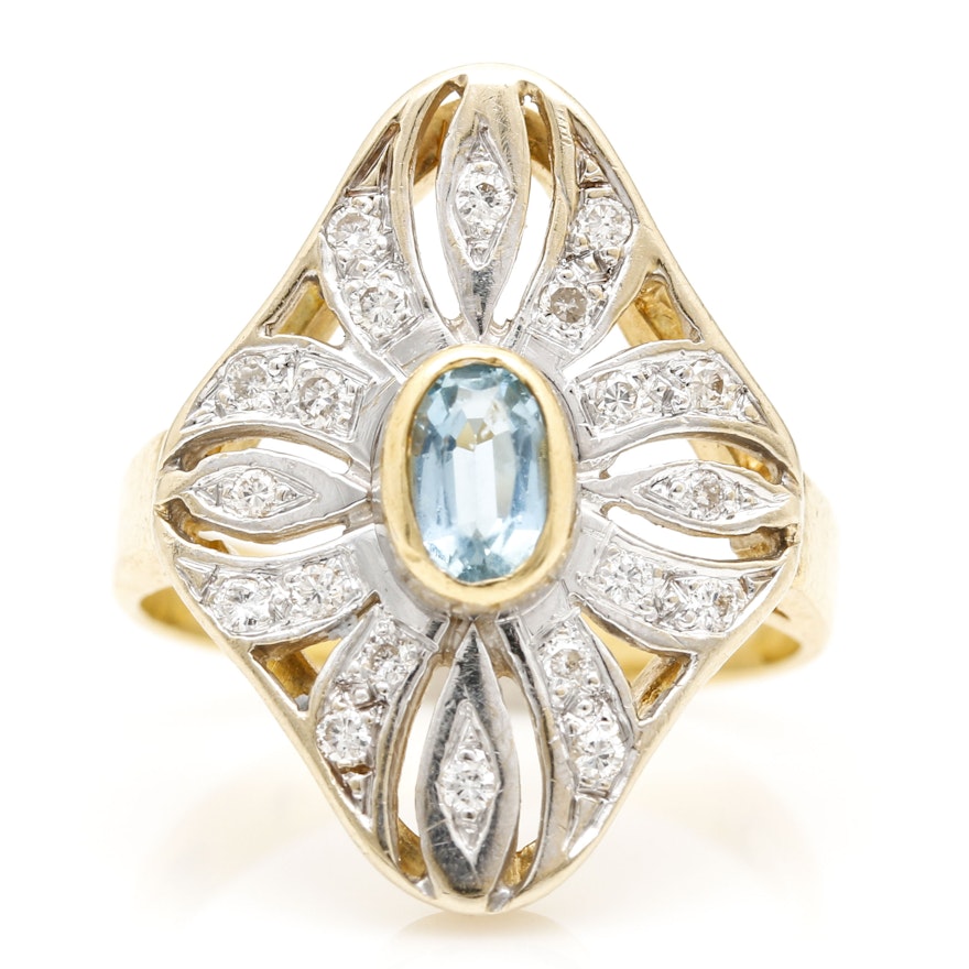 18K Yellow Gold Diamond and Aquamarine Ring