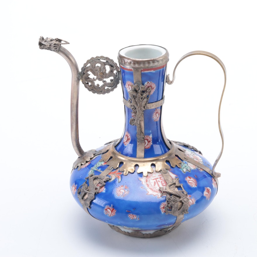 Chinese Hand-Painted Ceramic Teapot With Brass Overlay