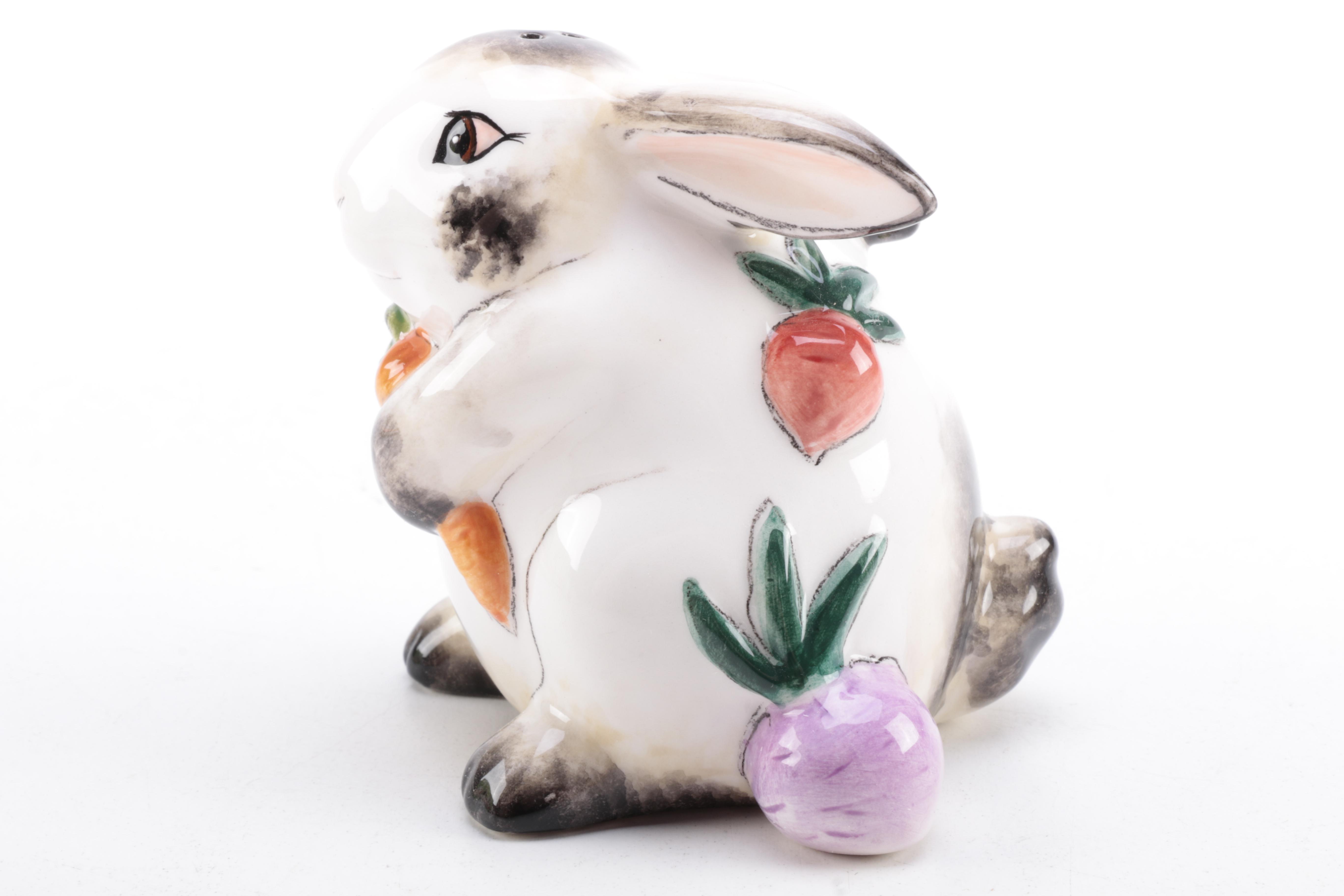 Fitz and Floyd Spotted Rabbit Salt and Pepper Set with Tray