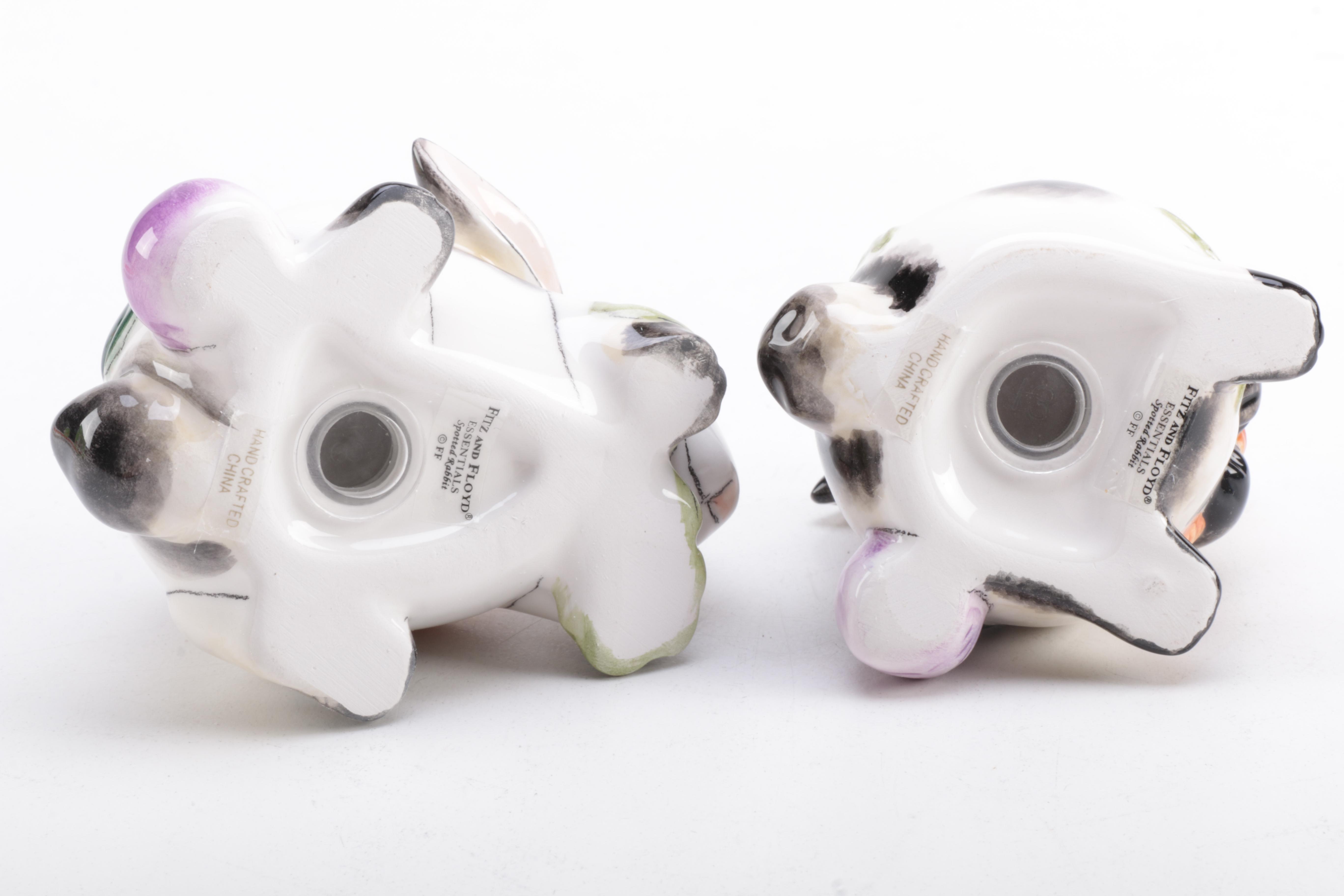 Fitz and Floyd Spotted Rabbit Salt and Pepper Set with Tray