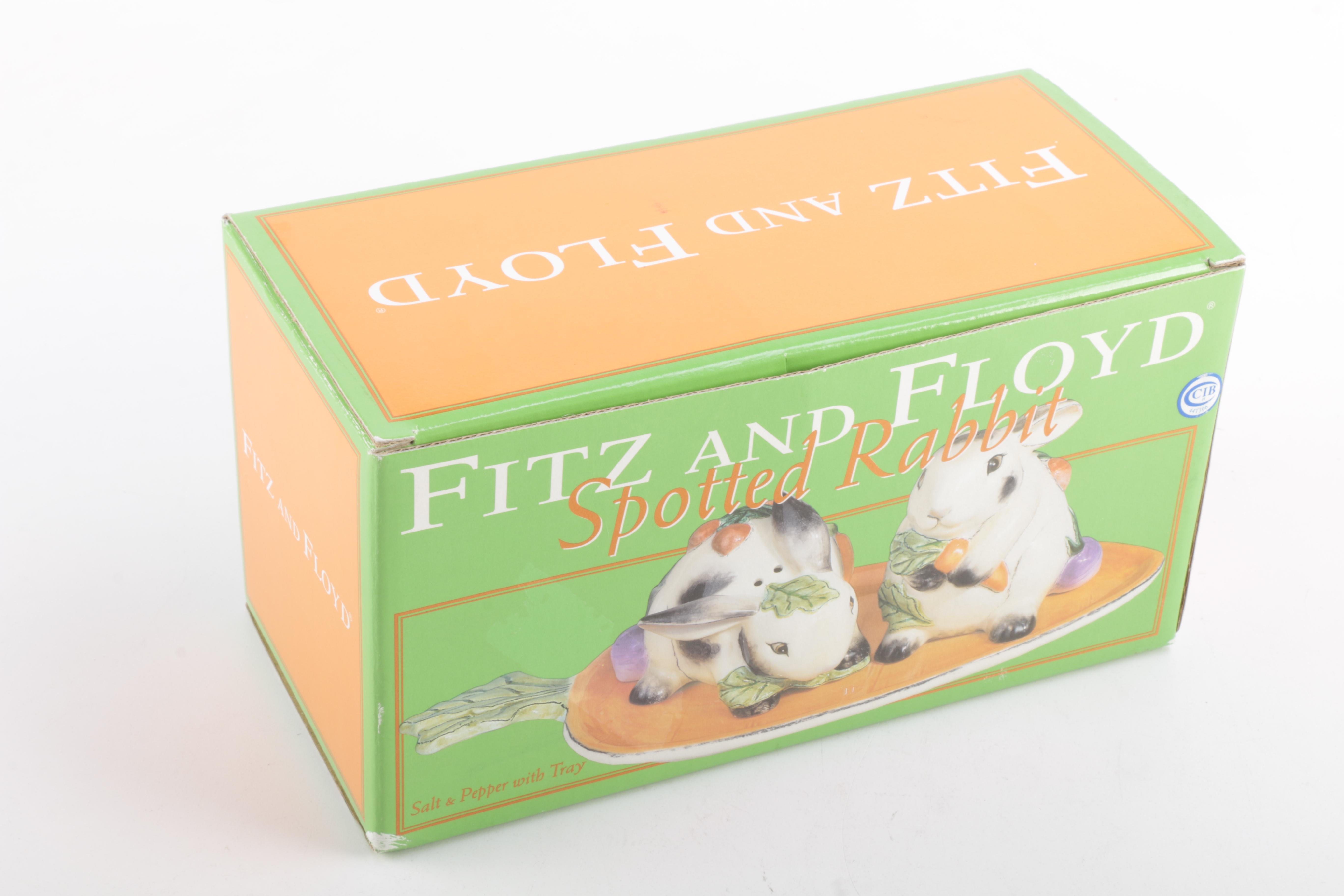 Fitz and Floyd Spotted Rabbit Salt and Pepper Set with Tray