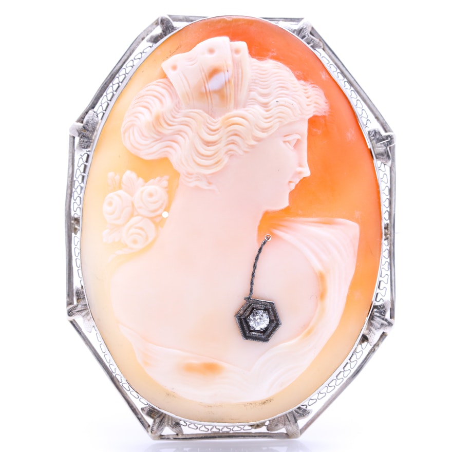 10K White Gold Cameo Habillé  Brooch