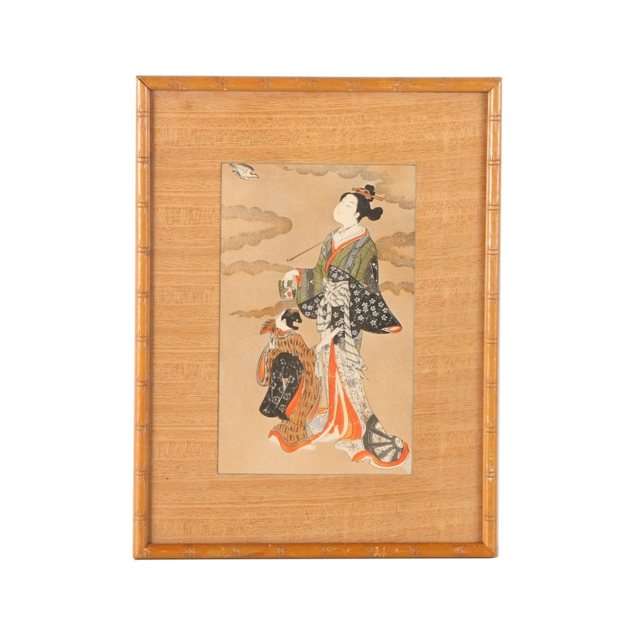 Nihon Gasui-Sha Japanese Woodblock Print of Woman and Child