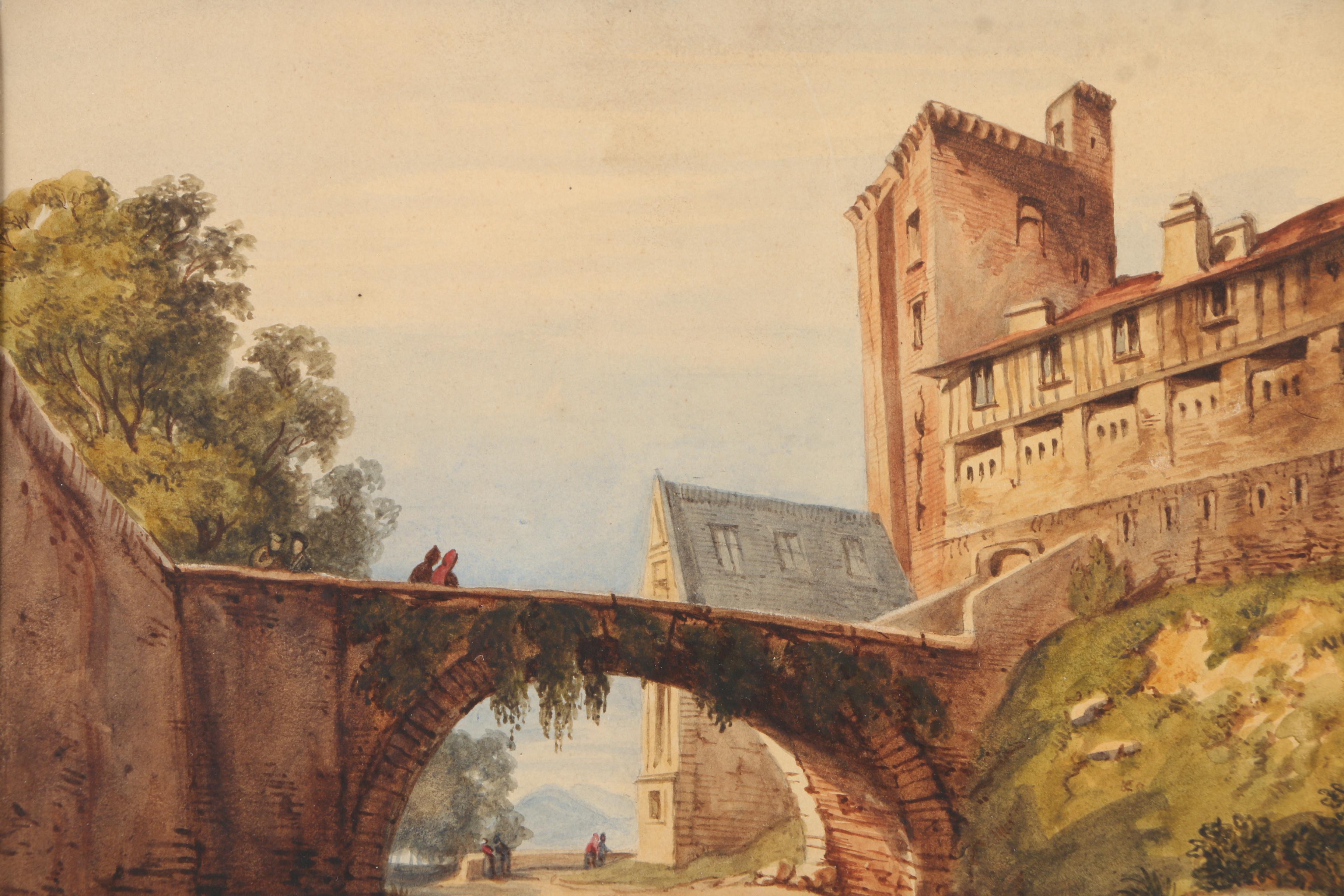 Watercolor Painting on Paper of European Landscape With Castle Bridge