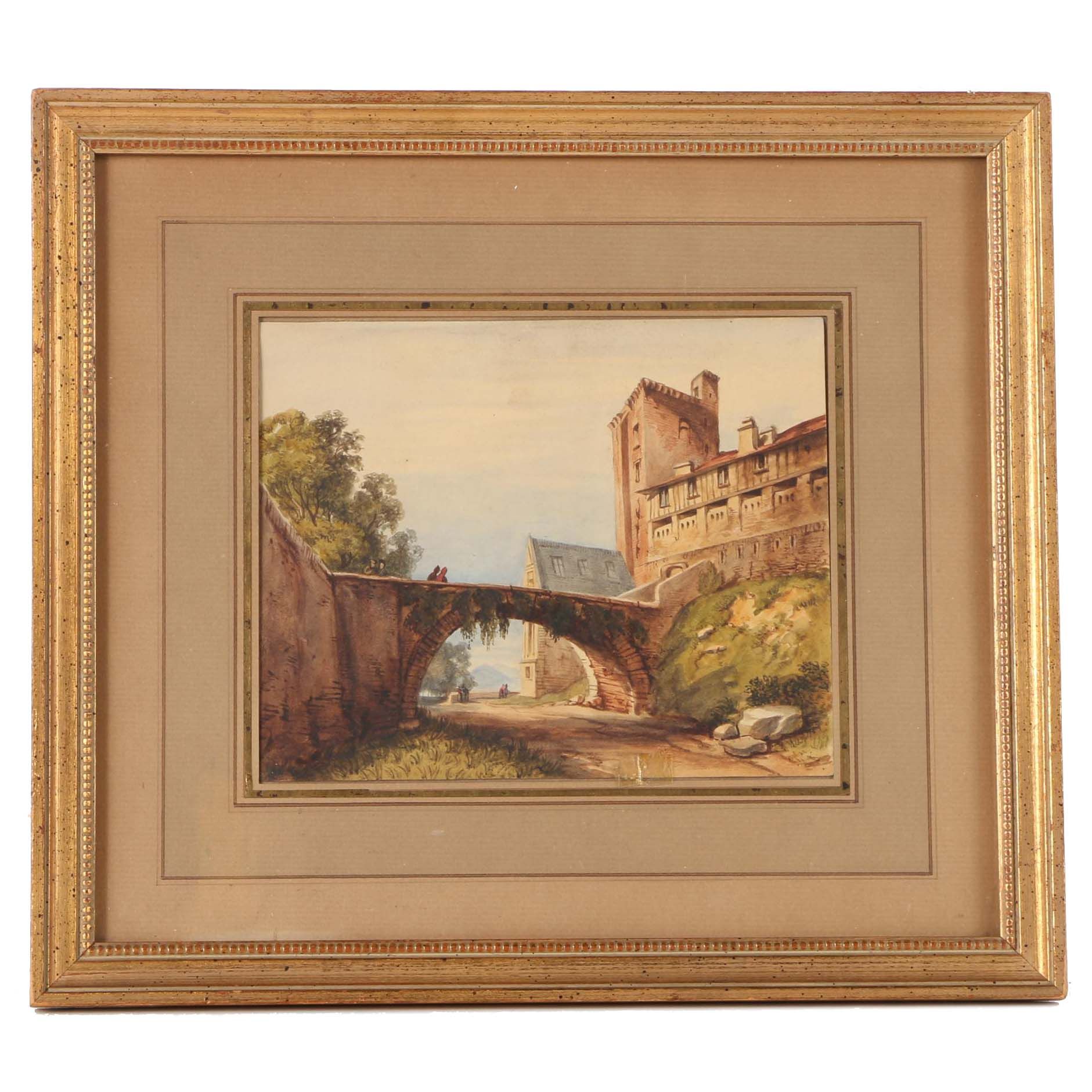 Watercolor Painting on Paper of European Landscape With Castle Bridge