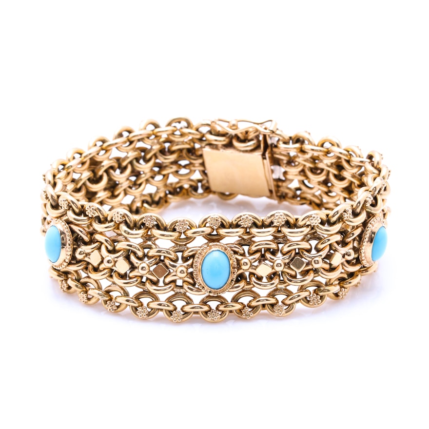 18K Yellow Gold Turquoise Fancy Chain Link Bracelet