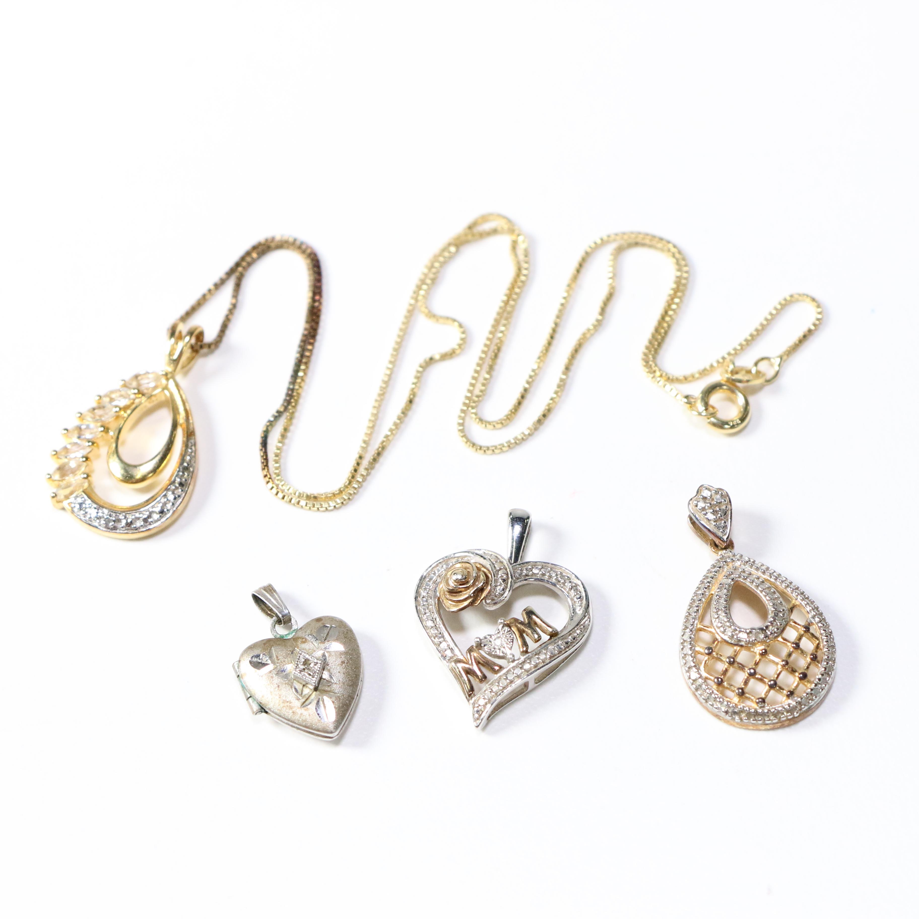 Sterling Sliver Necklace and Pendants Including Diamonds and White Topaz