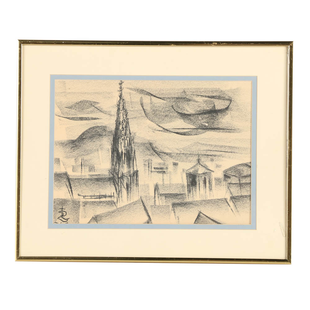 Charcoal Drawing on Paper Rooftop Scene