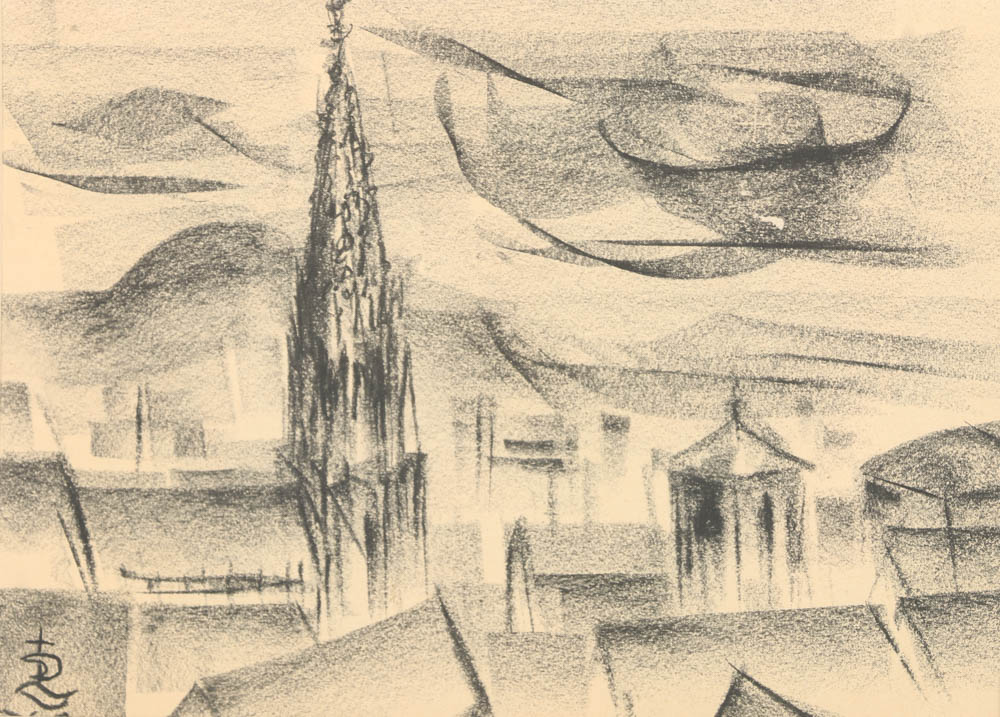 Charcoal Drawing on Paper Rooftop Scene