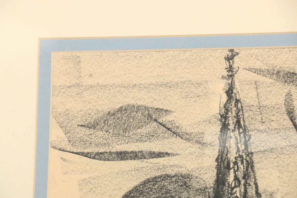 Charcoal Drawing on Paper Rooftop Scene