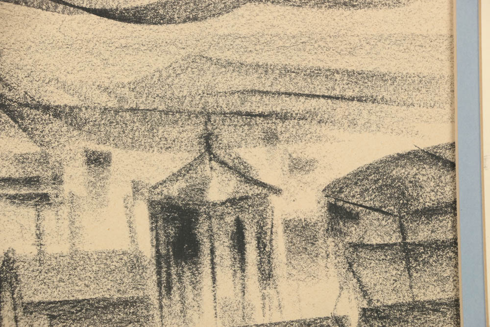 Charcoal Drawing on Paper Rooftop Scene