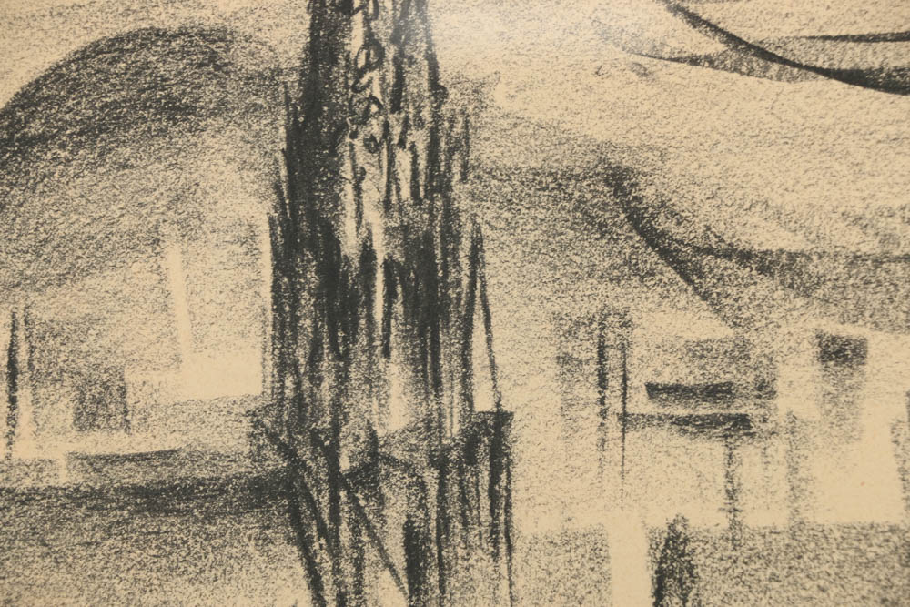 Charcoal Drawing on Paper Rooftop Scene